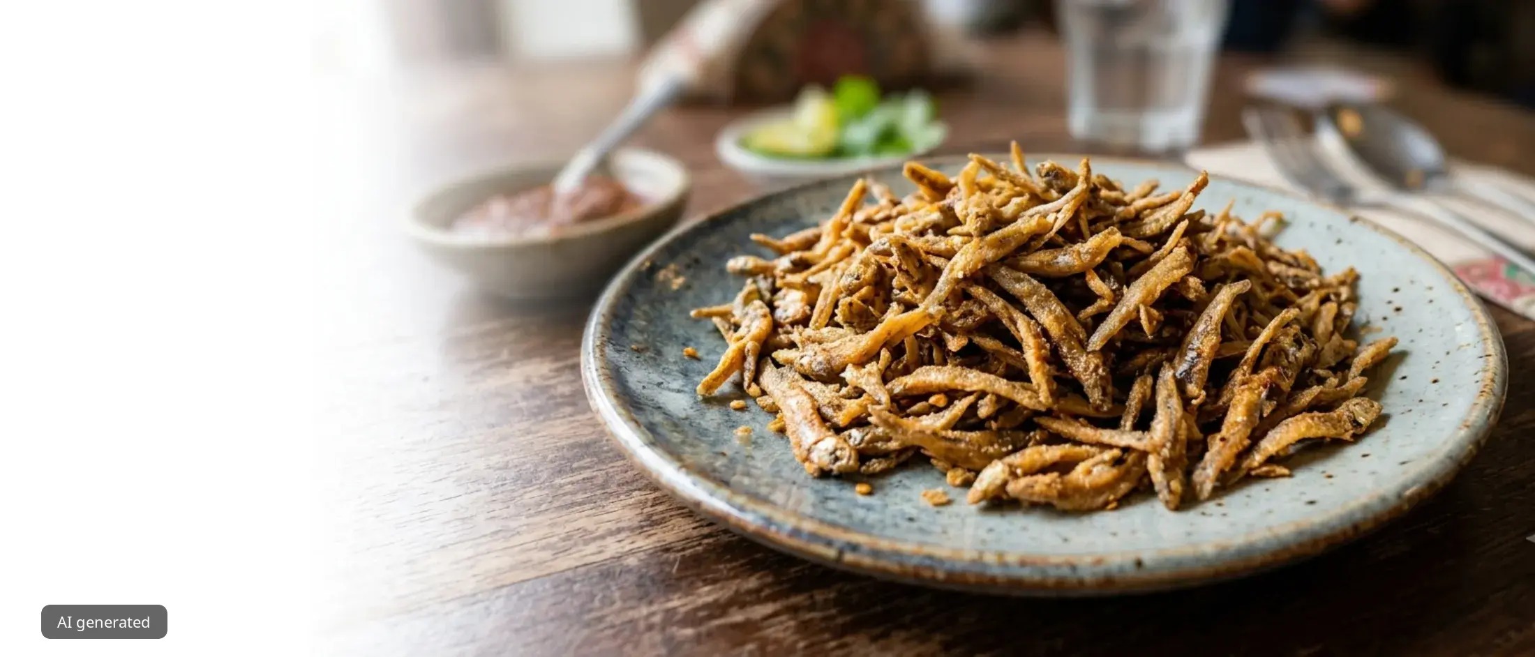 Crisp, golden air-fried ikan bilis using Bosch Air Fryer stacked on a speckled blue ceramic plate on a wooden dining table.