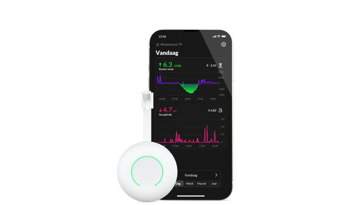 Smartphone affichant des données d'utilisation d'énergie et un appareil connecté à la maison intelligente.