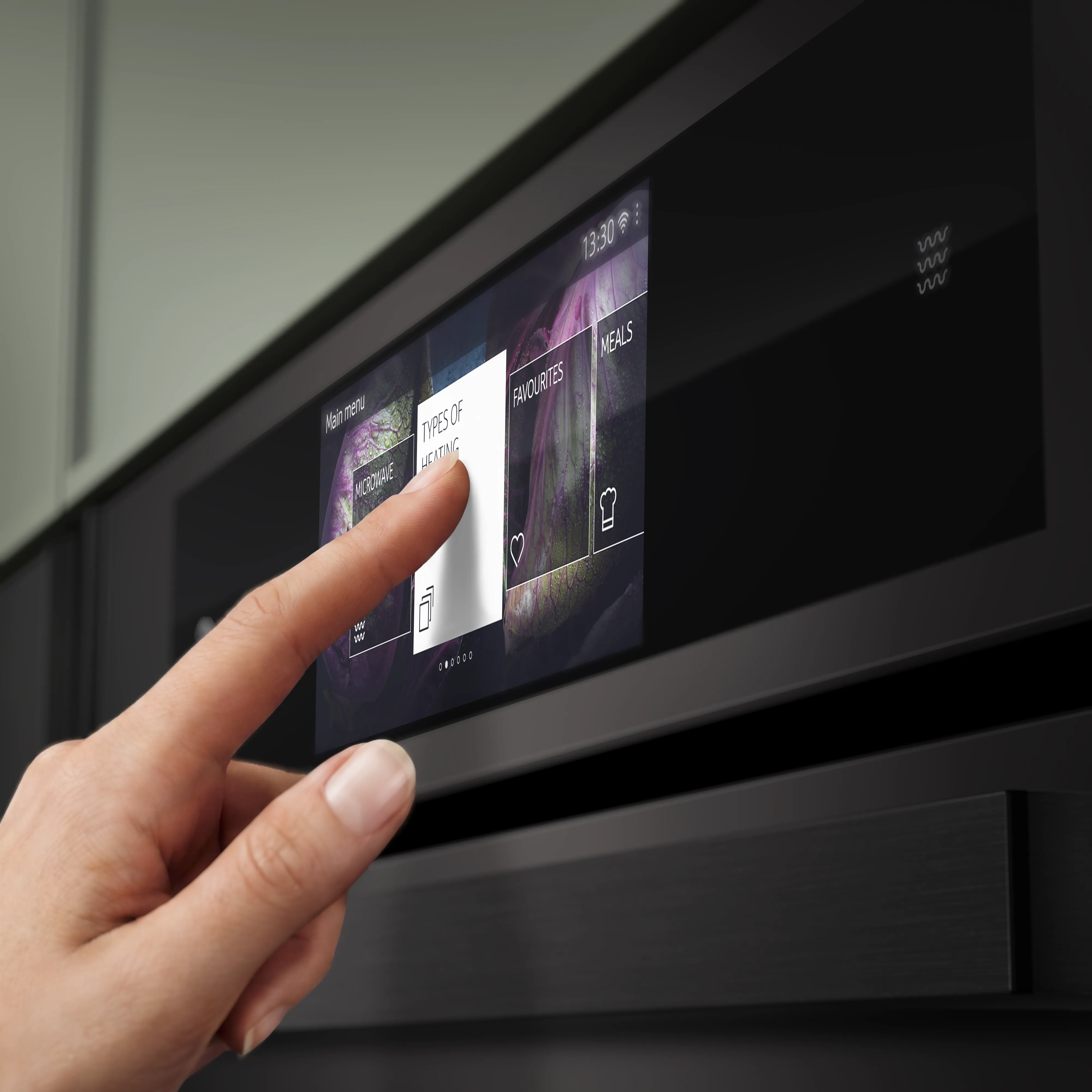 Hand touching the touchscreen menu of a modern black microwave oven, selecting "Types of Heating" option.