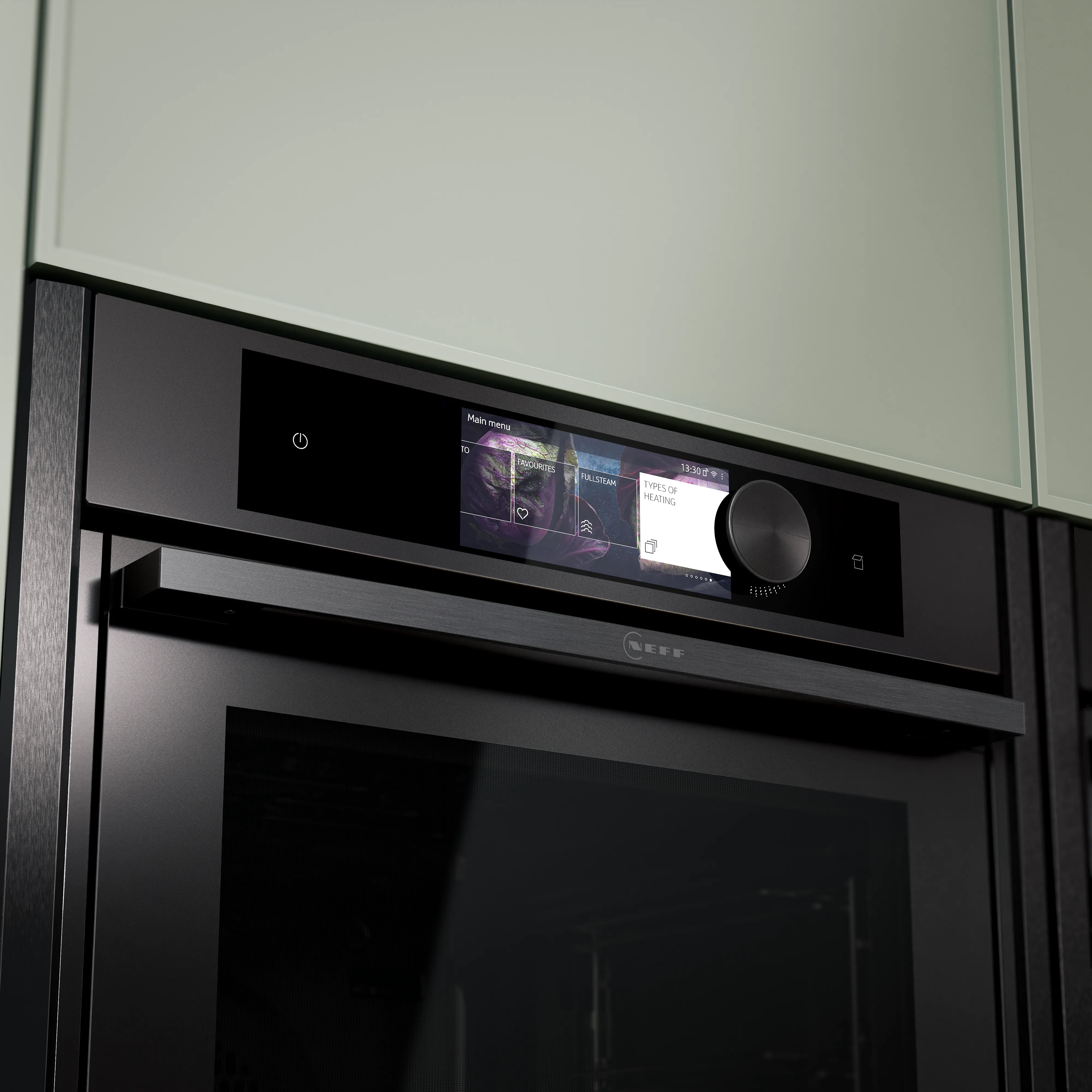 Built-in black NEFF oven with digital touchscreen and control knob, integrated into modern kitchen cabinetry.