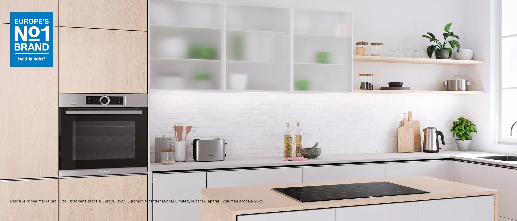 Modern kitchen with a Bosch built-in oven, minimalist wooden cabinetry, and wide induction hob on the island.