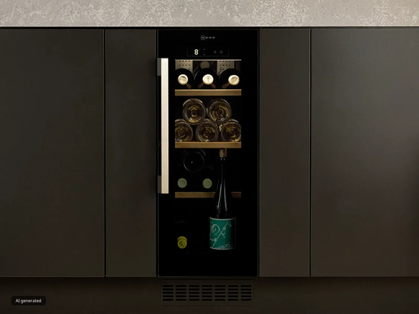 Una sofisticata cantinetta vino da incasso si integra alla perfezione nel design scuro di una cucina moderna, mettendo in mostra le bottiglie disposte sui ripiani in legno.