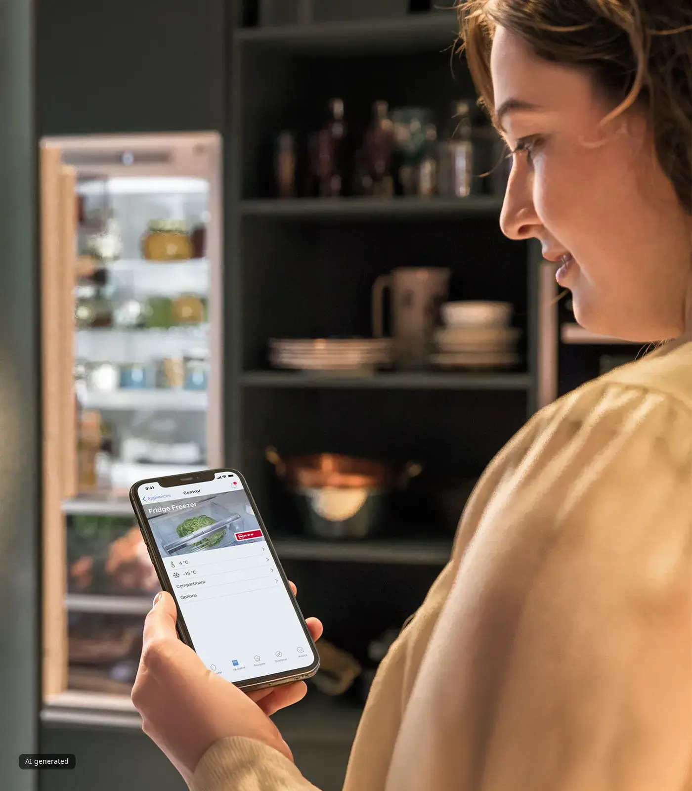 Un tocco sullo smartphone ed ecco apparire l'app per la gestione della spesa, sullo sfondo di una cucina moderna con il frigorifero aperto e ricco di ingredienti freschi.