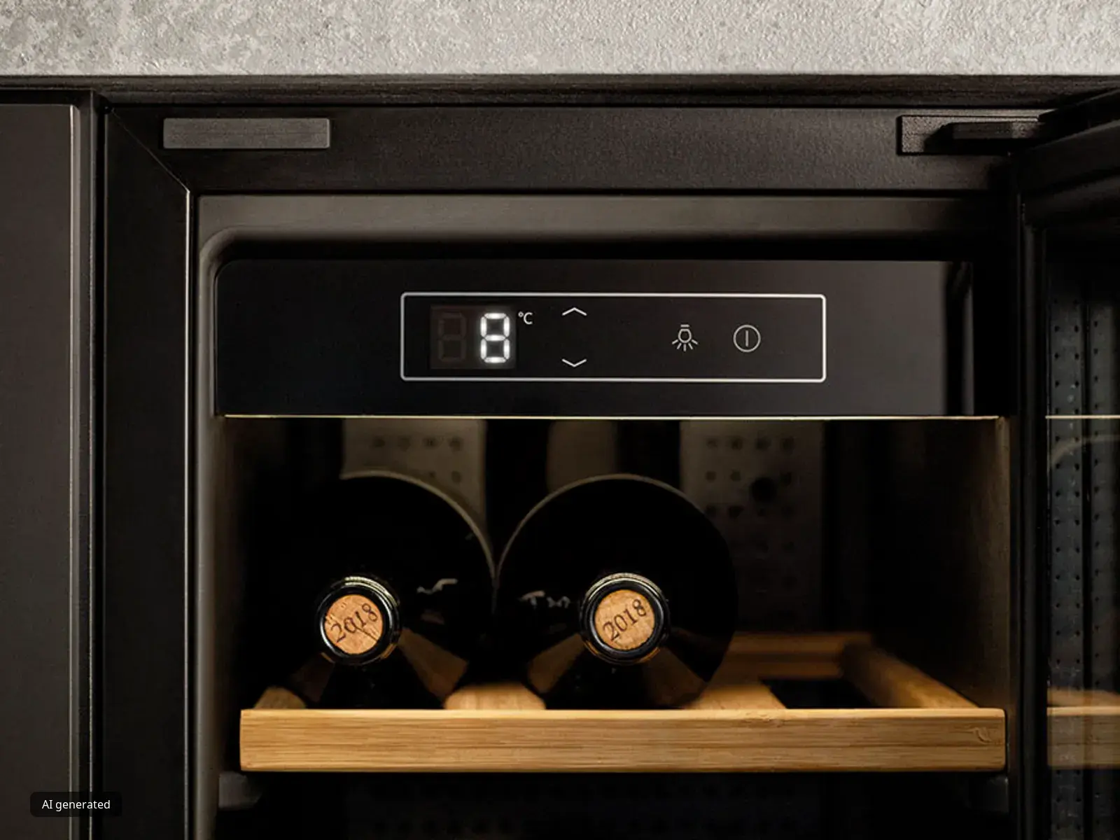 Dettaglio del display digitale di una cantinetta vino impostato a 8 gradi, con due bottiglie adagiate su un ripiano in legno subito sotto.
