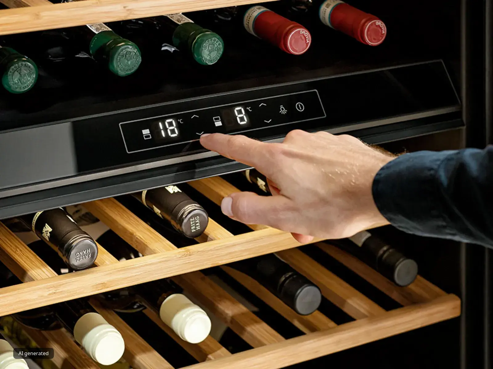 Una mano regola con precisione la temperatura sul display digitale di una cantinetta vino a doppia zona, ricca di bottiglie adagiate su eleganti ripiani in legno.