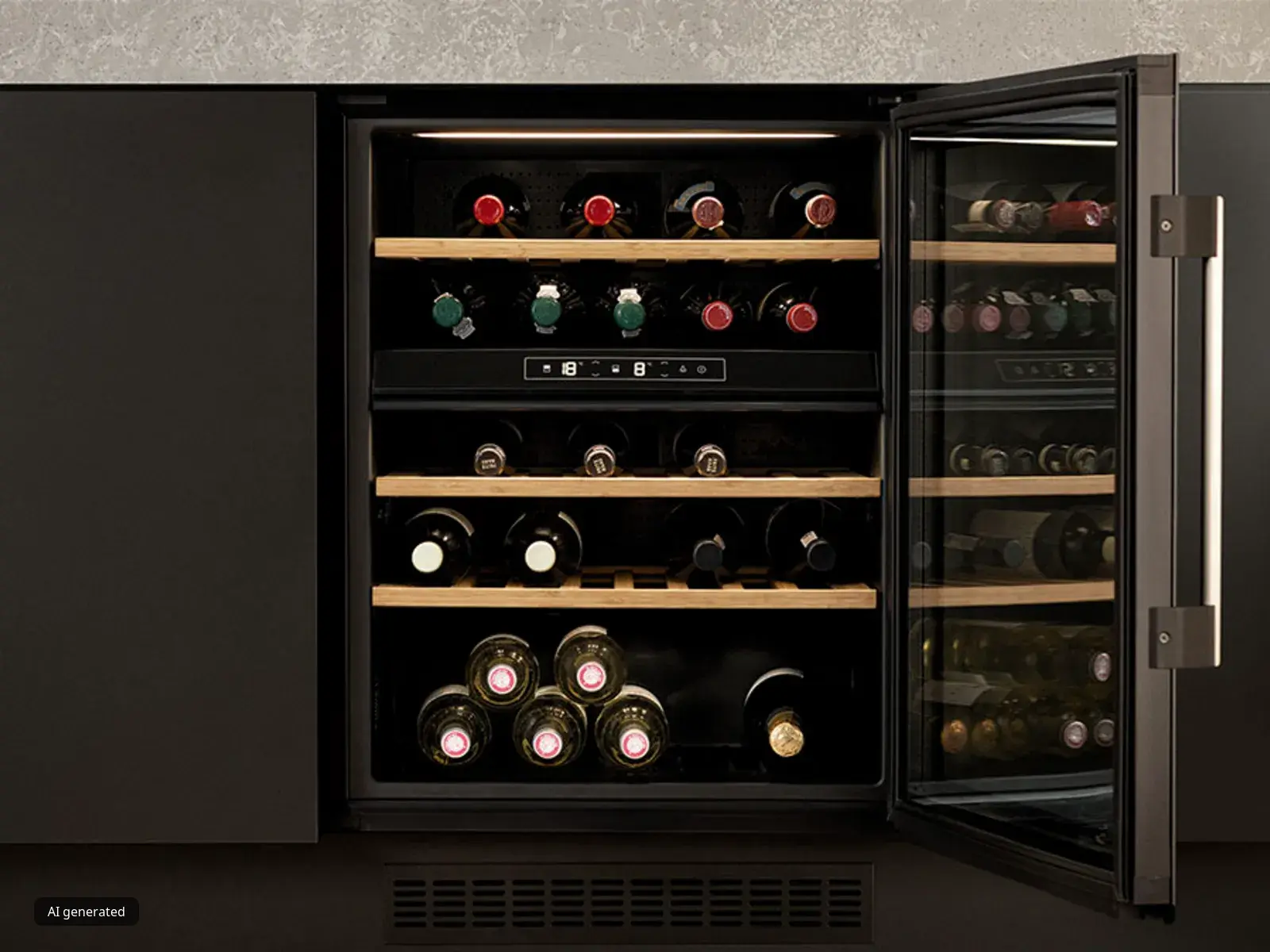 Una moderna cantinetta vino da incasso aperta, integrata in un elegante mobile nero, rivela diverse bottiglie disposte con cura su raffinati ripiani in legno.