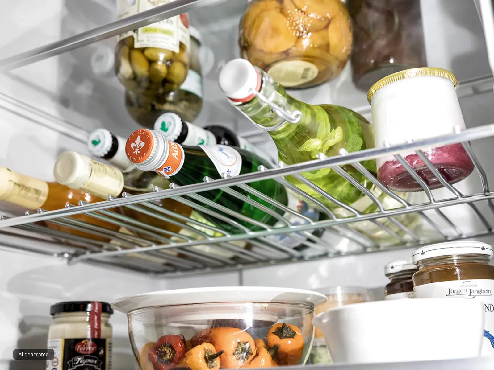 Ein schlau gefüllter Kühlschrank mit unterschiedlichen Flaschen, Einmachgläsern und einer Schüssel mit gefüllten Paprikas in einem durchsichtigen Behälter.