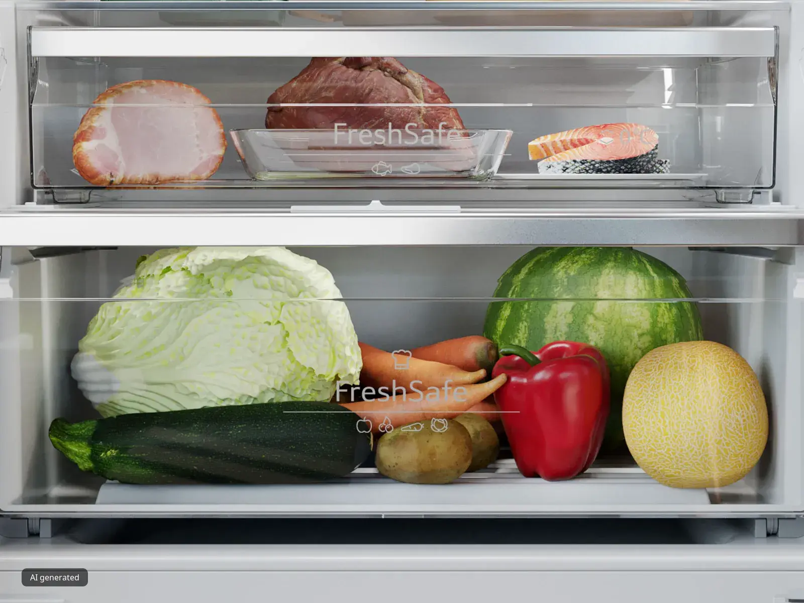 In einem gut organisierten Kühlschrank liegen frische Lebensmittel, einschließlich Kohl, Zucchini und Paprika neben Fleischsorten und Meeresfrüchten.