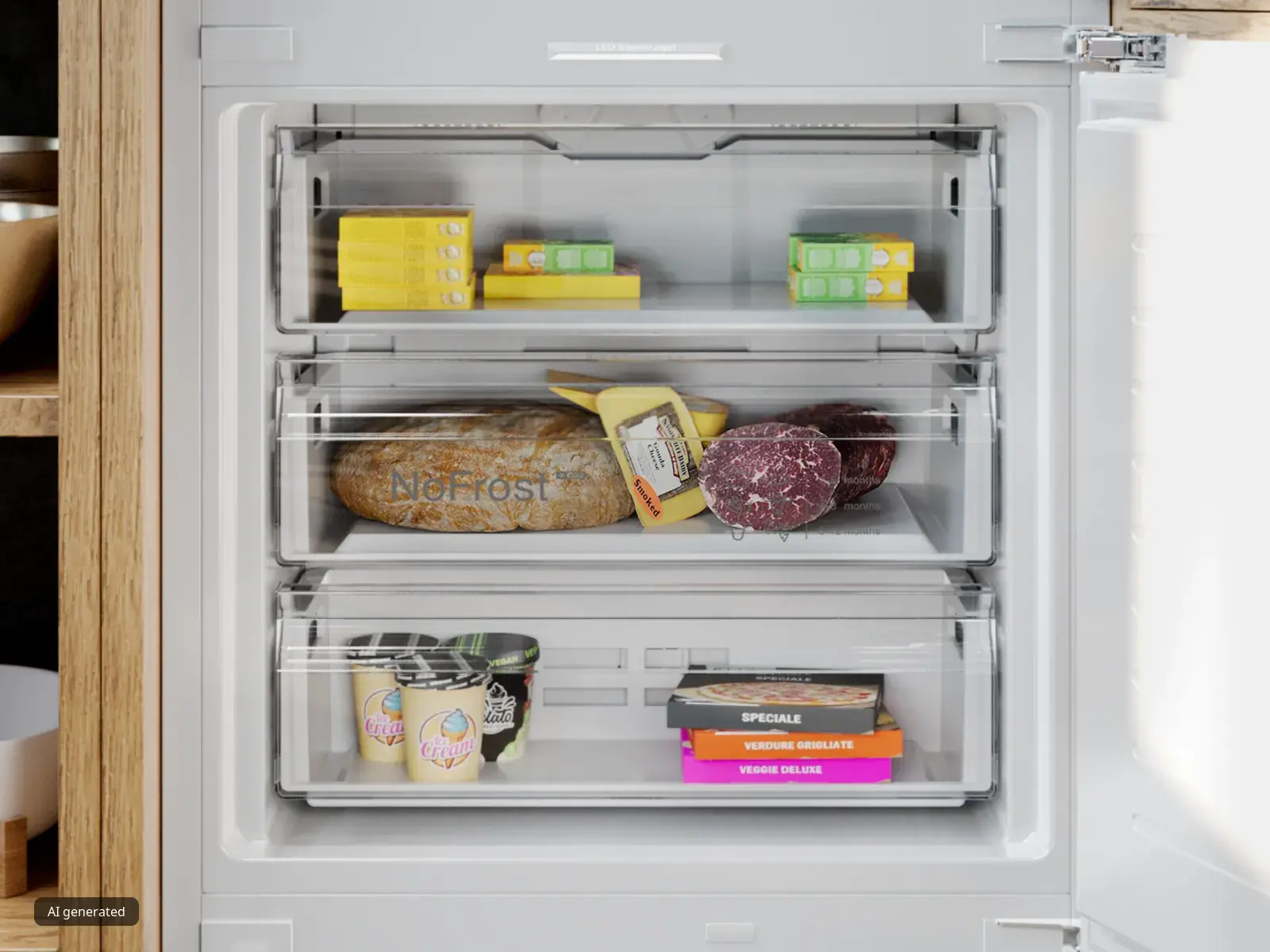 In einem Kühlschrank sind gut geordnete Regale mit gelber Butter, Brot, Fleischsorten, Eis und gefrorenen Speisen zu sehen. Holzelemente akzentuieren den Kühlschrank.