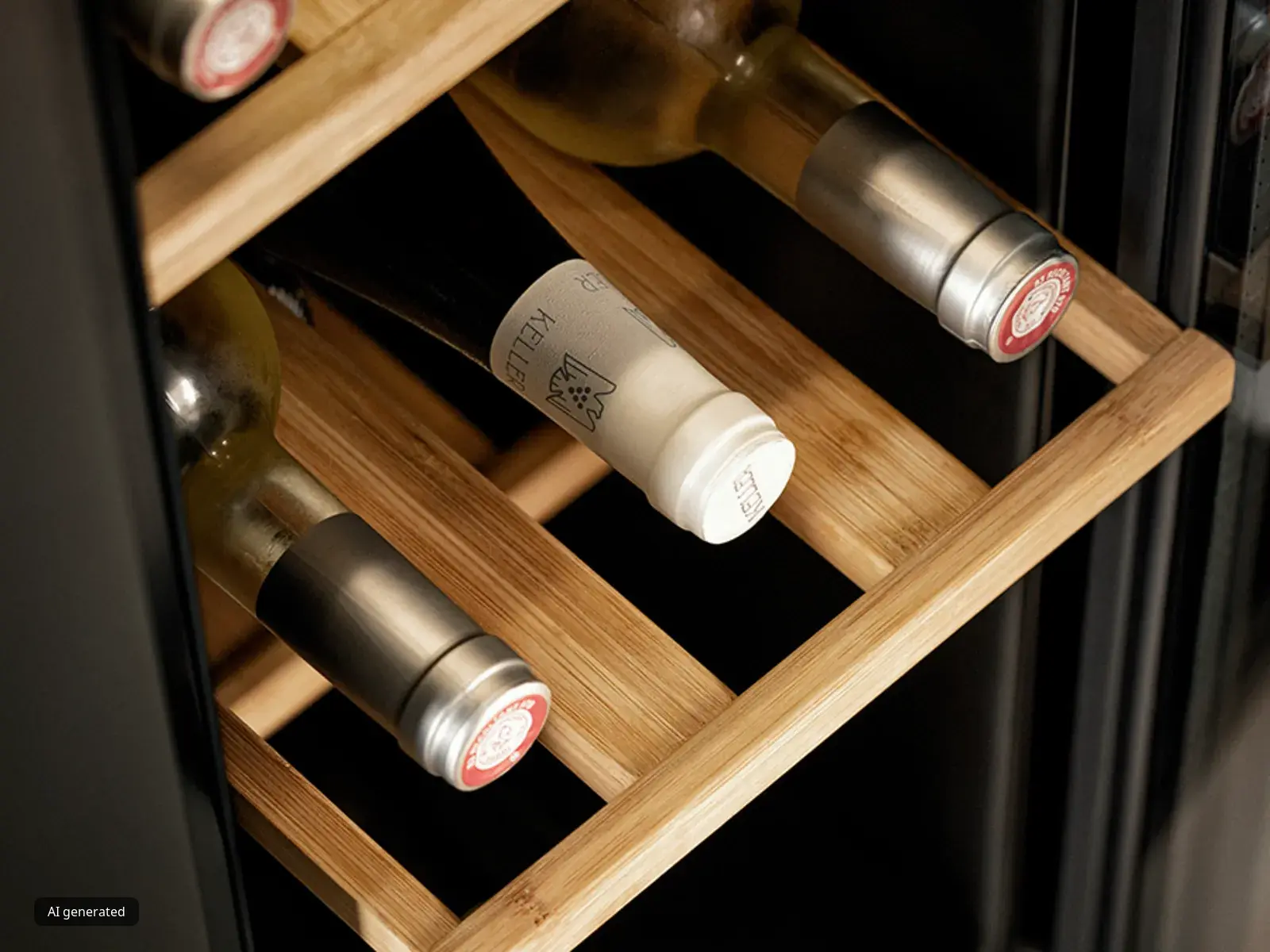 Bottiglie di vino pregiato adagiate orizzontalmente su eleganti ripiani in legno massiccio, all'interno di una cantinetta temperata pronta per valorizzarne ogni sfumatura.