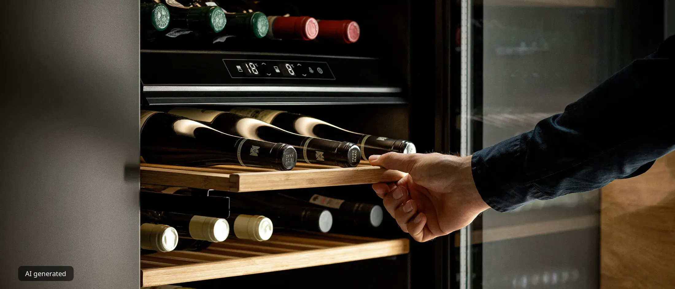 Un appassionato sceglie con cura e sfila una bottiglia di vino dalla cantinetta temperata, pronta per essere versata e condivisa durante una cena speciale.