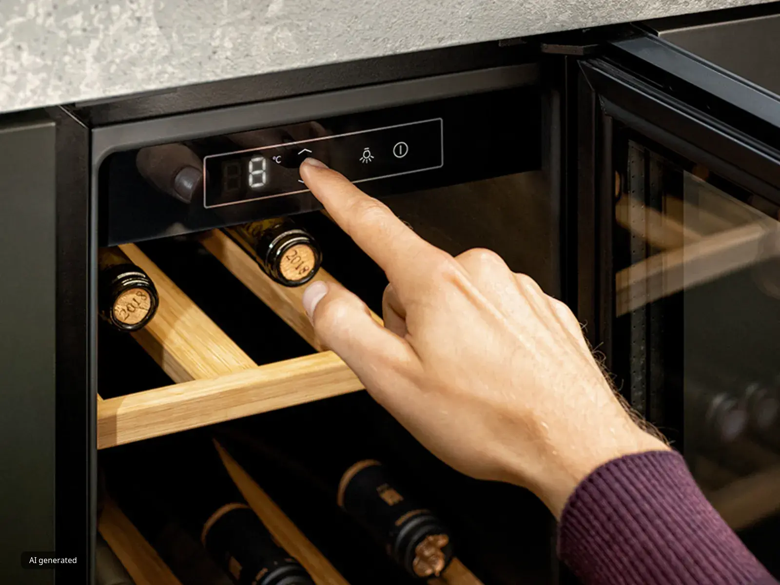 Una mano sfiora l'elegante pannello digitale per regolare la temperatura interna di una moderna cantinetta vino, dotata di pregiati ripiani in legno che custodiscono le bottiglie alla perfezione.