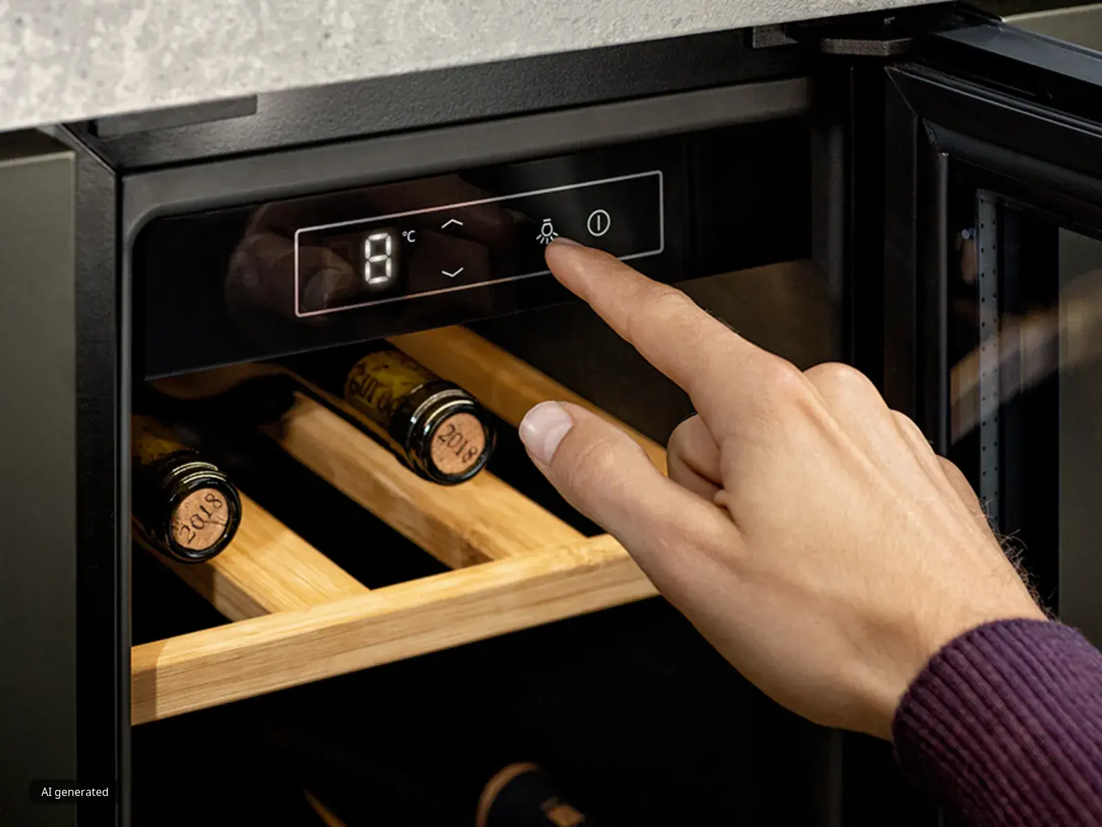 Un tocco leggero per impostare la temperatura ideale: una mano regola le impostazioni sul pannello di controllo touch della cantinetta vino, garantendo la perfetta conservazione di ogni bottiglia.