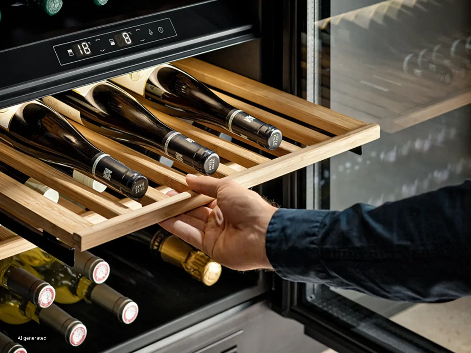 Una mano sfila dolcemente un ripiano in legno scorrevole, svelando le bottiglie di vino custodite all'interno della cantinetta temperata.
