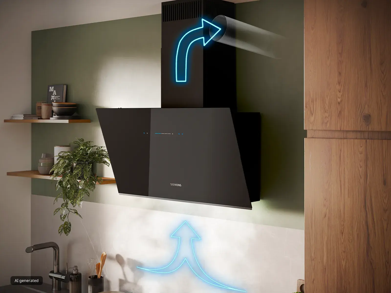 Modern svart köksfläkt från Siemens monterad på en grön vägg med digitala luftflödespilar som visar ventilationsriktningen.