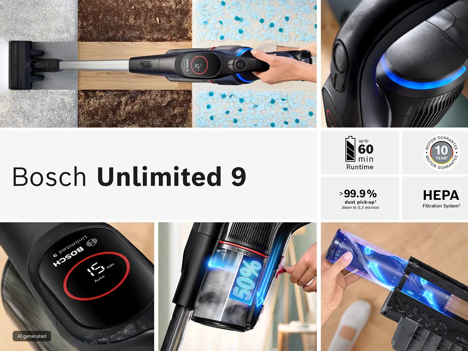 Kolaž koji prikazuje Bosch Unlimited 9 bežični usisavač u upotrebi s krupnim planovima ručke, spremnika za prašinu i HEPA filtra, uz ikone koje označavaju 60 minuta trajanja rada, 99,9 % učinkovitosti filtracije i 10-godišnje jamstvo