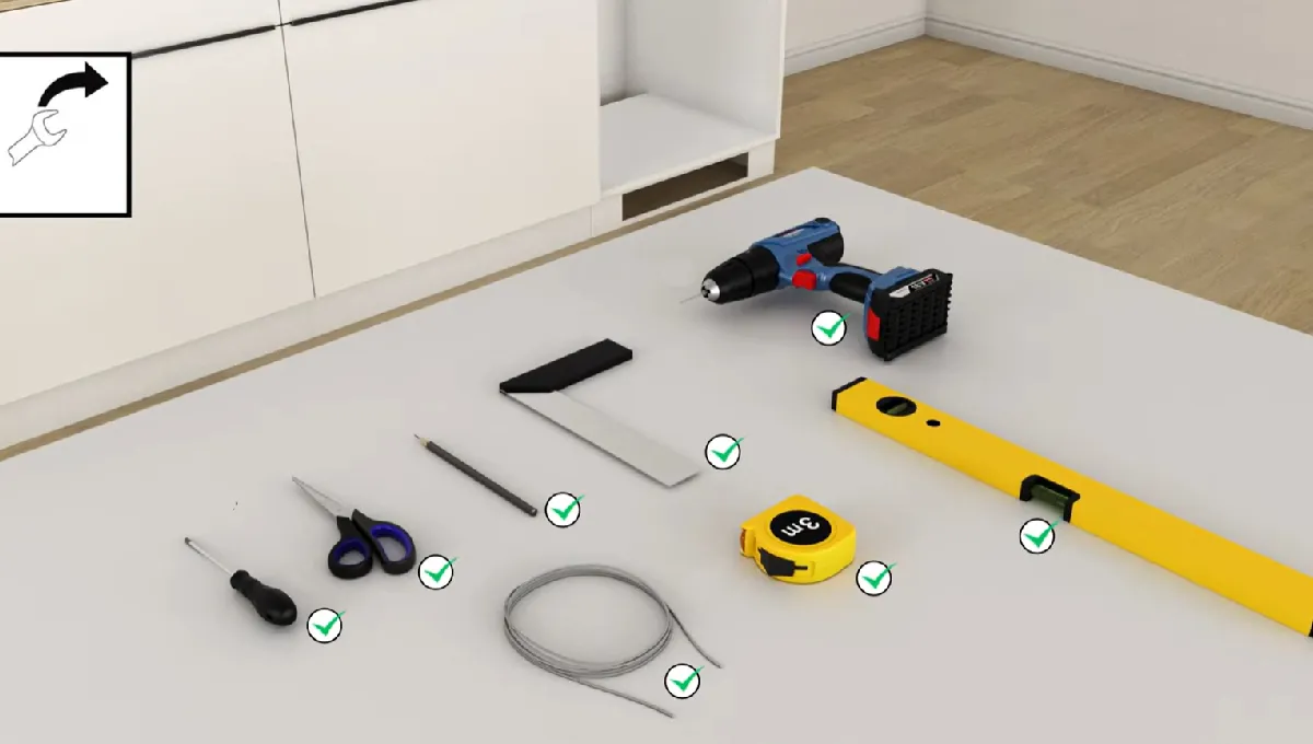 Hvidt, moderne køkken med åbent køleskab, friske varer og minimalistisk indretning.