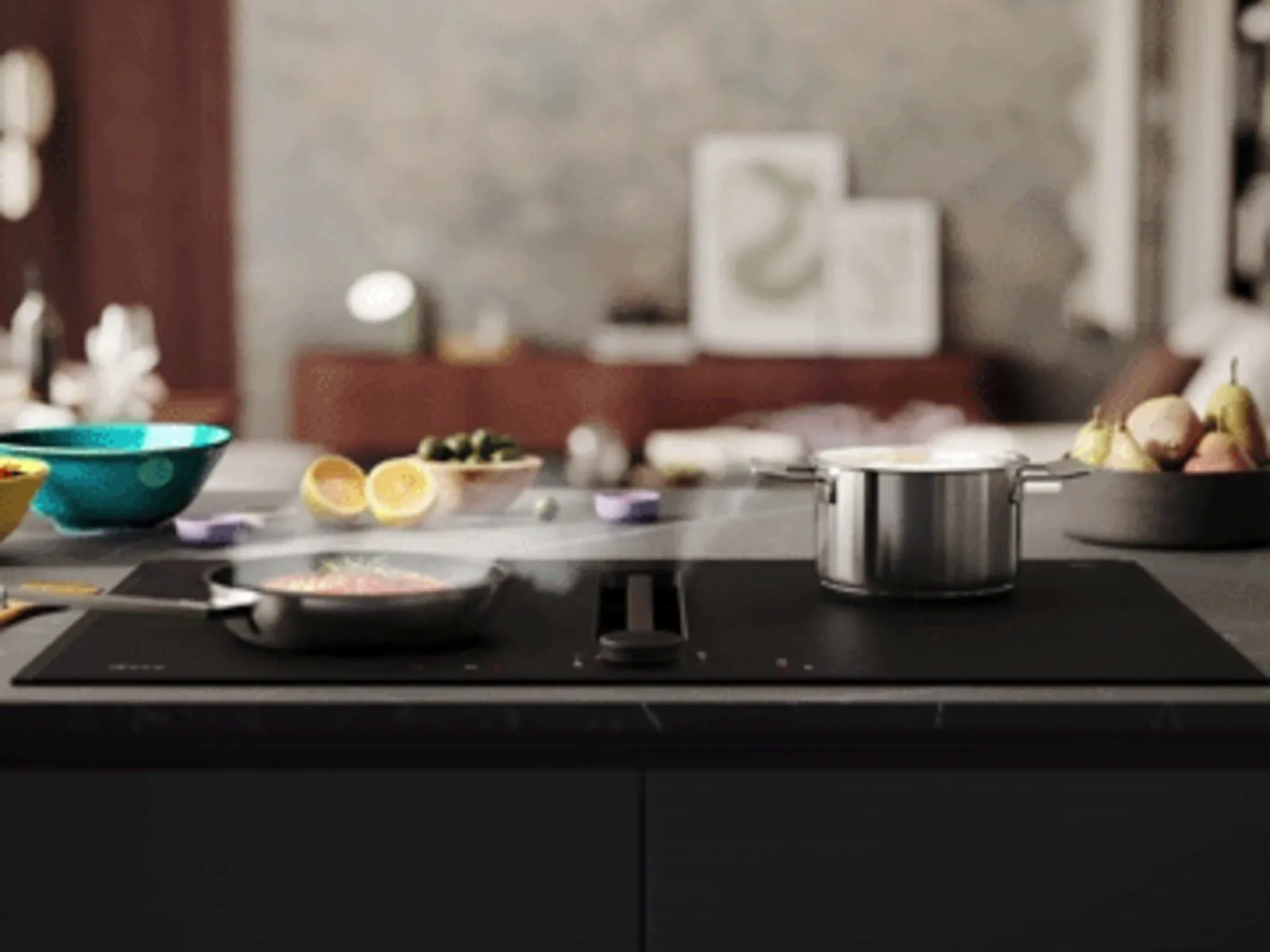 An induction cooktop, featuring a frying pan with sizzling food and a pot simmering, surrounded by fresh ingredients.