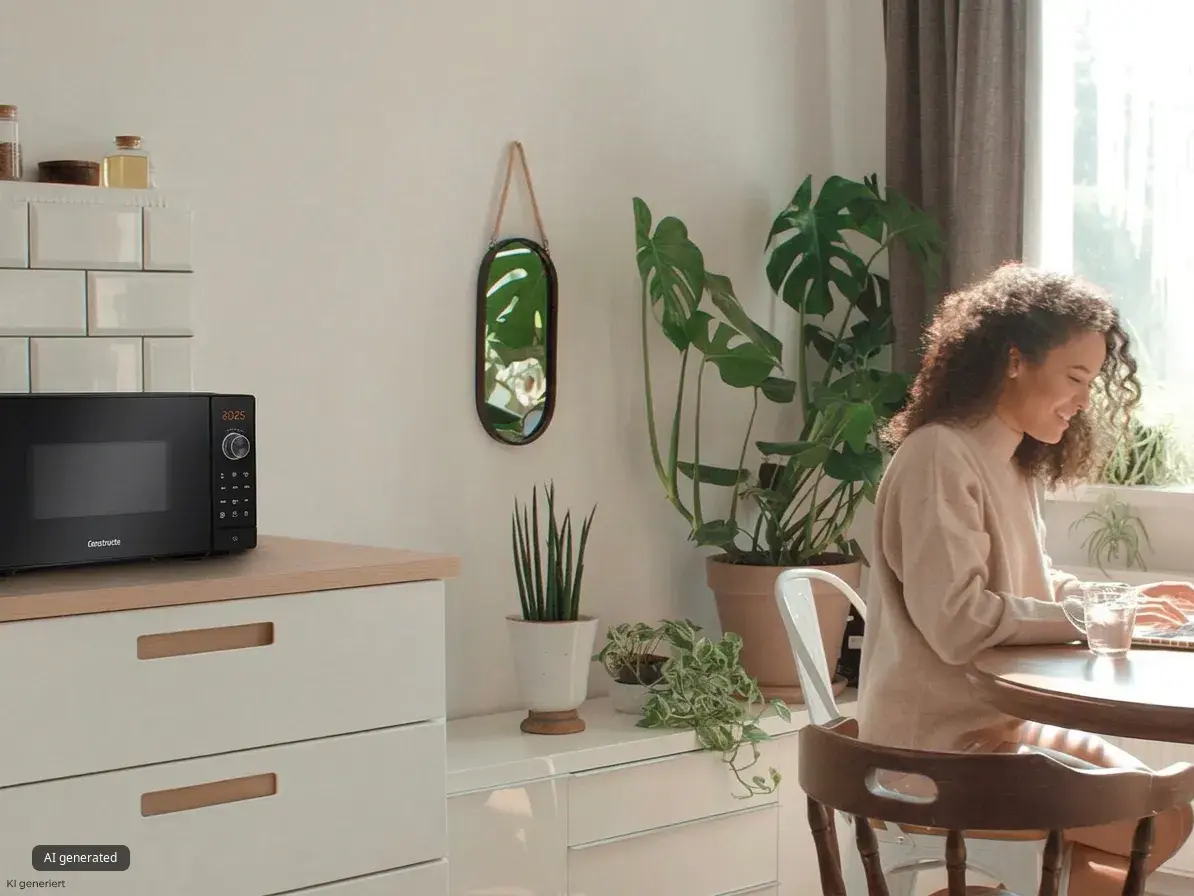  Eine Frau arbeitet lächelnd an ihrem Laptop an einem Küchentisch, im Hintergrund steht eine schwarze Constructa Mikrowelle