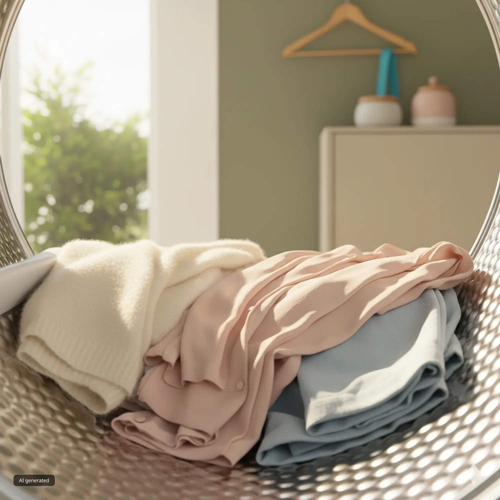 Indumenti asciutti all'interno del cestello di una asciugatrice, con vista dall'interno verso l'esterno
