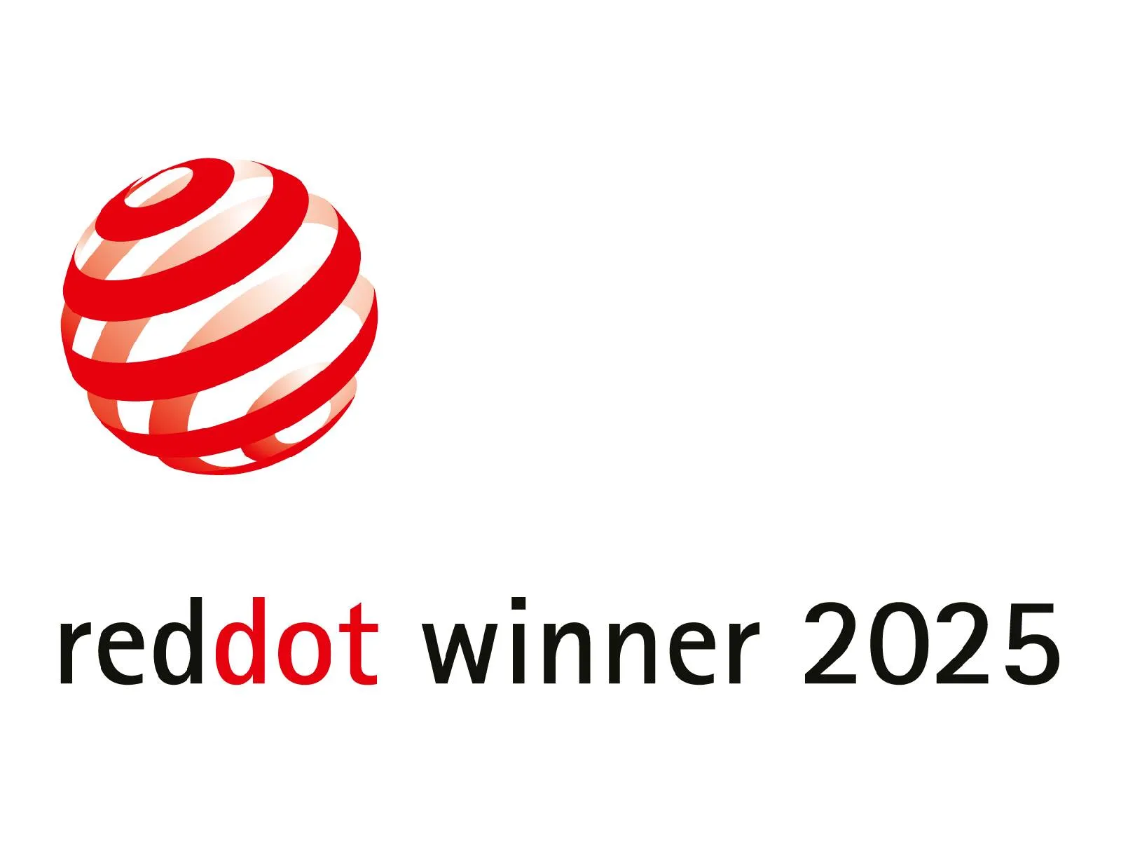Red Dot Winner 2025 logo with a red spiral globe emblem above the text "red dot winner 2025."