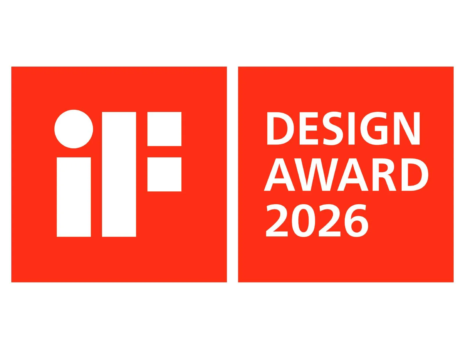 iF Design Award logo: two red squares side-by-side; left contains a white stylized "iF" symbol, right reads "DESIGN AWARD 2026" in white.