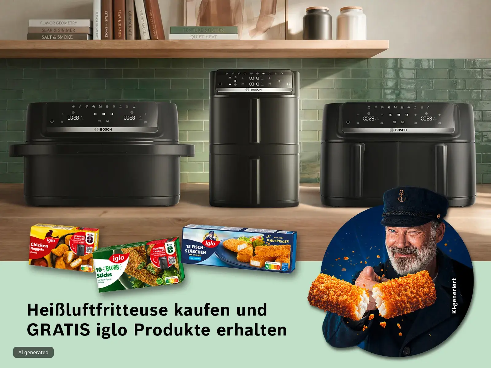 Drei Bosch Friteusen auf einer Küchentheke mit Iglo Tiefkühlprodukten und ein Mann, der einen knusprigen Fischstab bricht.