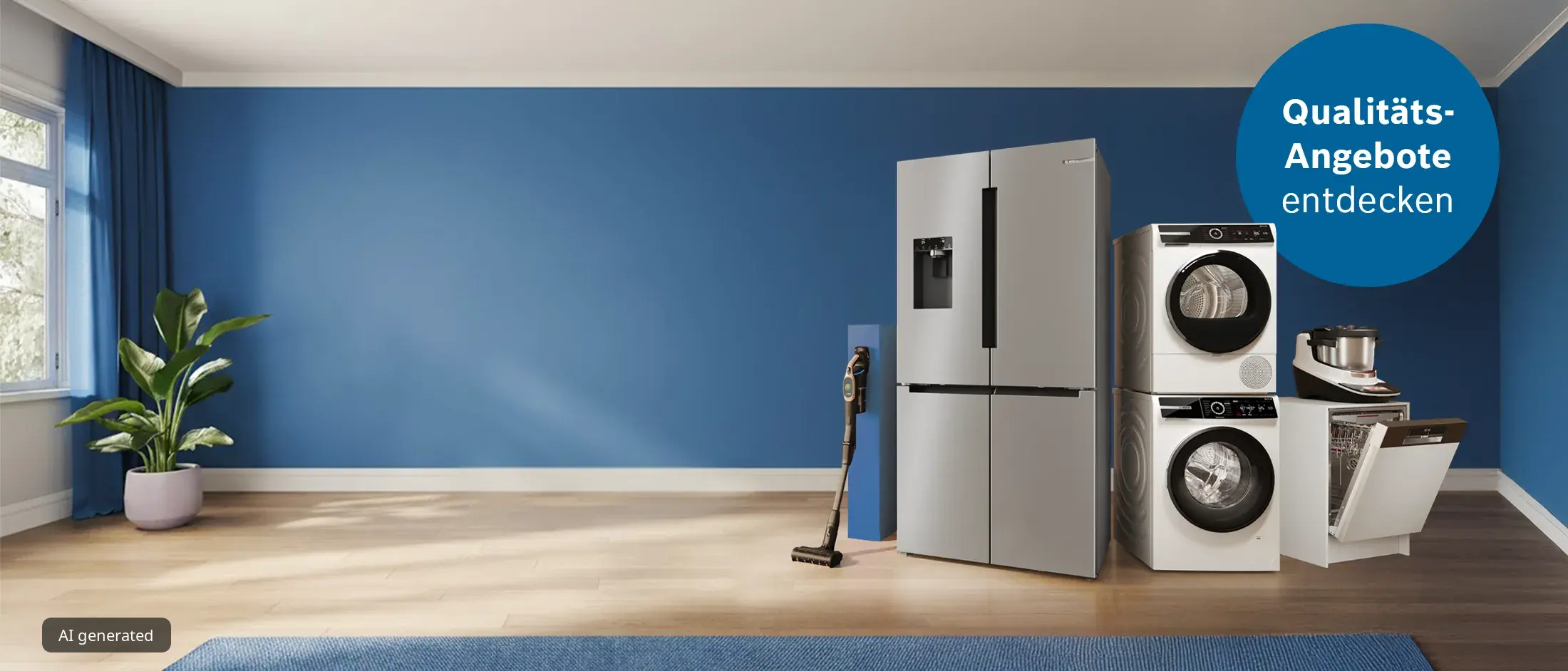 Moderne Bosch-Geräte: Kühlschrank, Wasch-Trocken-Säule und Kleingeräte.