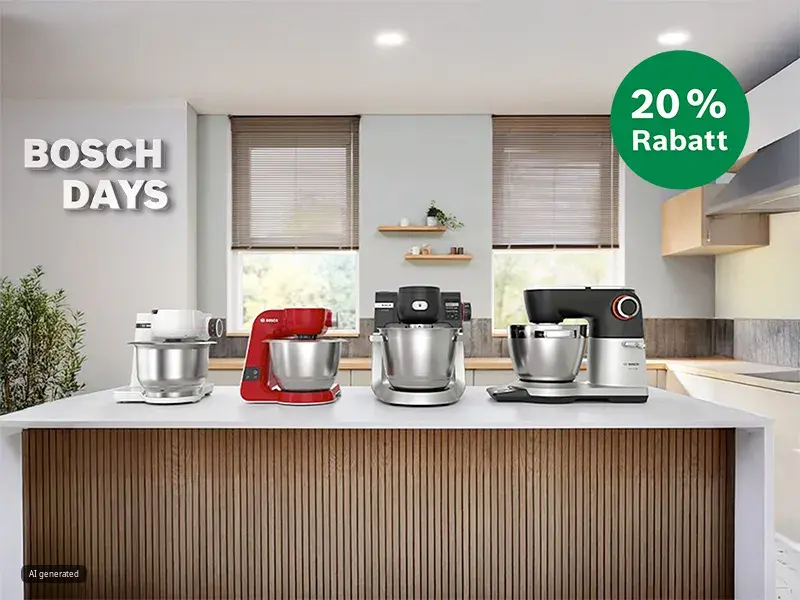 Vier Bosch-Küchenmaschinen in verschiedenen Farben, präsentiert auf einer Kochinsel mit dem Text „BOSCH DAYS“ und einem 20 % Rabatt-Badge.