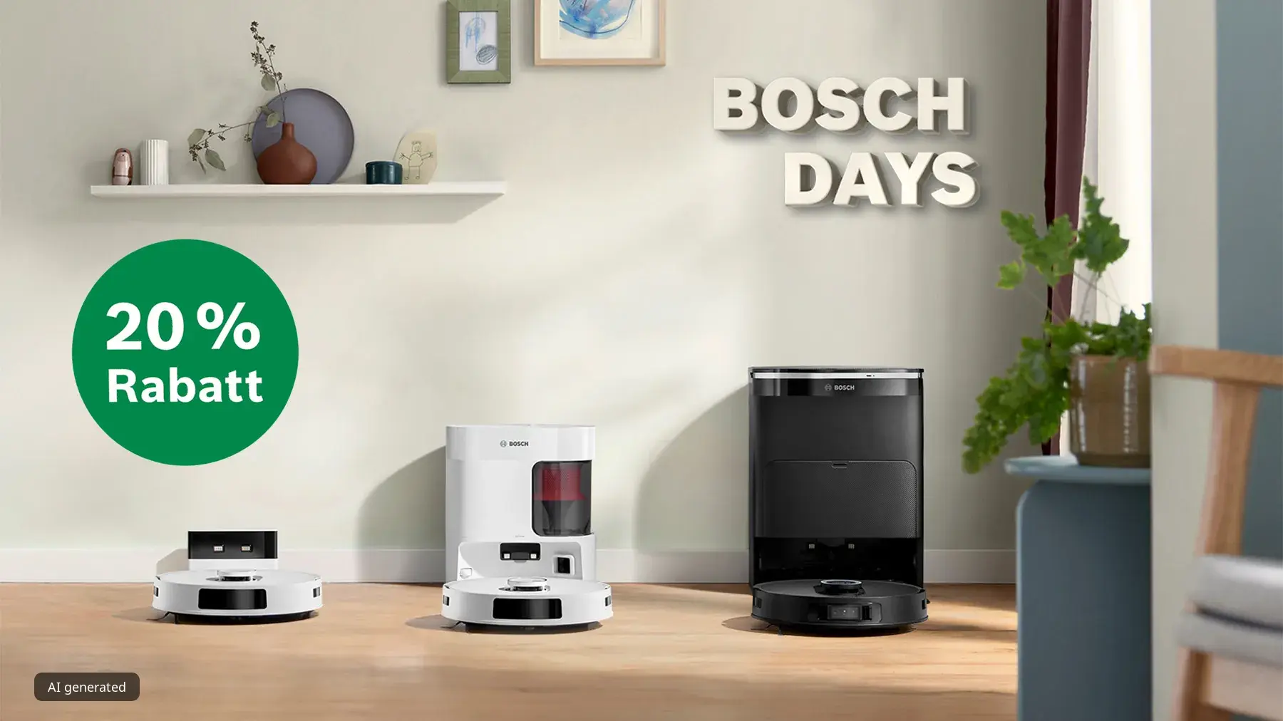 Bosch Staubsauger Roboter in Wohnzimmer Bereich mit Hinweis auf Rabatt Aktion