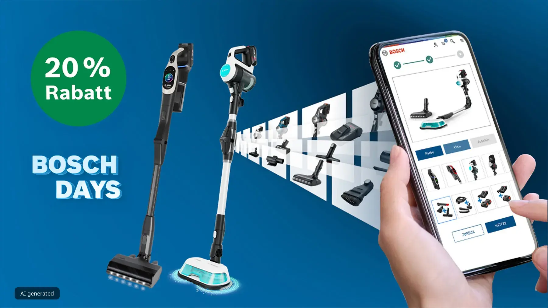 Bosch Akku Staubsauger vor blauem Hintergrund mit Rabatt Hinweis