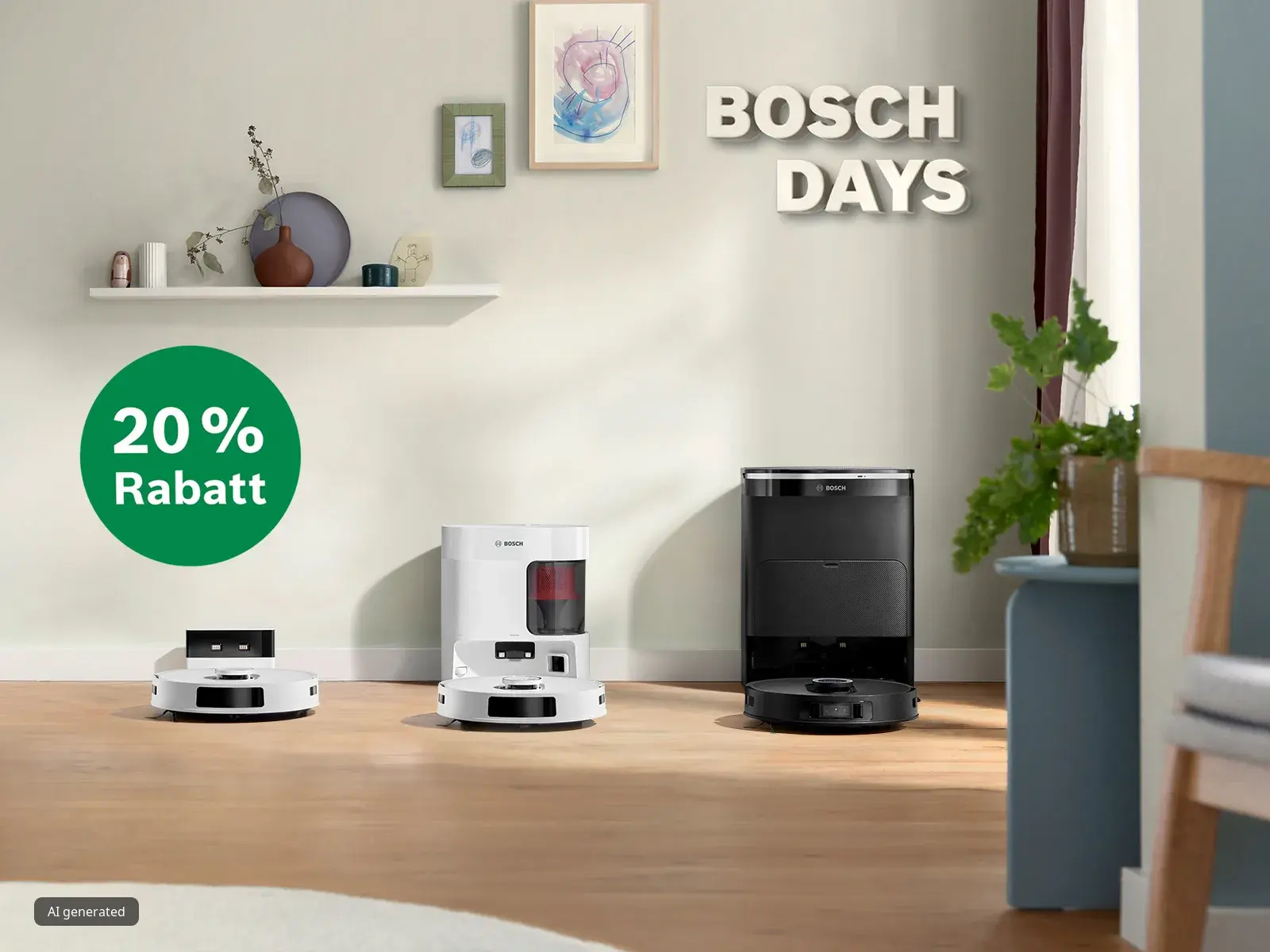 Saugroboter Bosch Spotless in Wohnzimmer mit Hinweis auf Rabatt während den Bosch Days