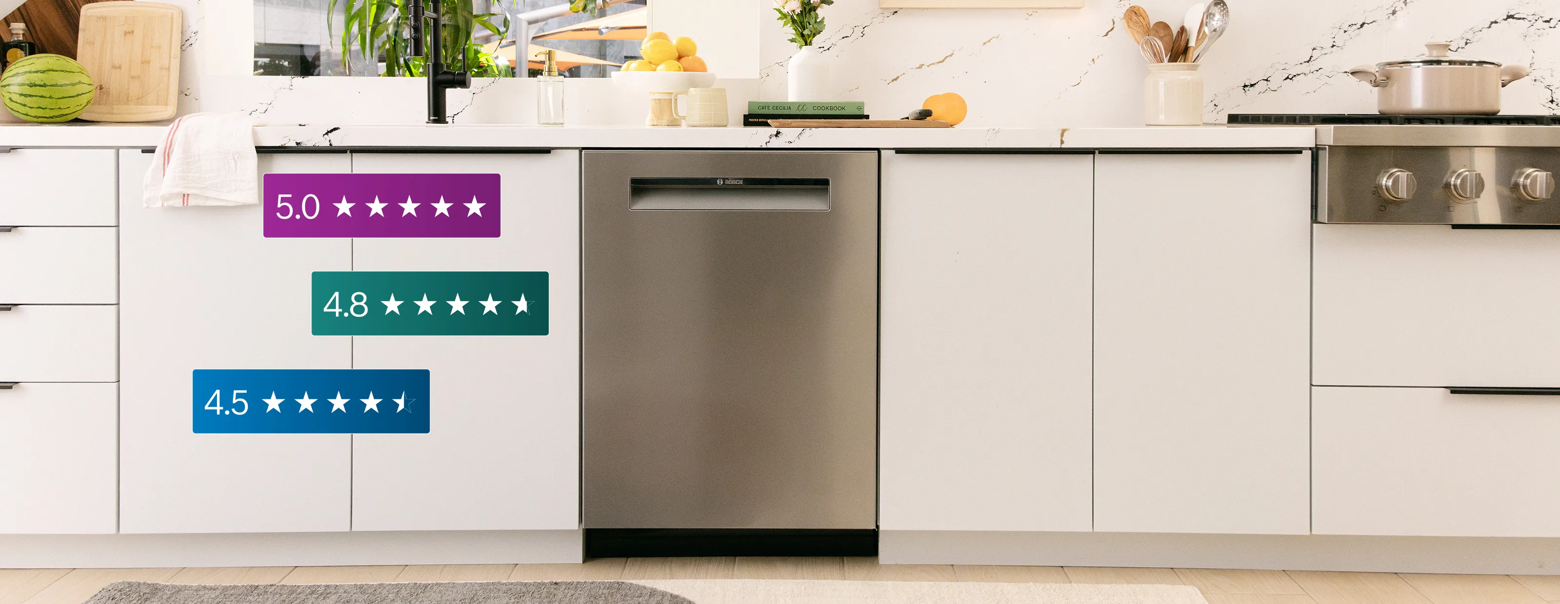 Bosch dishwasher with review ratings 4.5, 4.8, 5.0