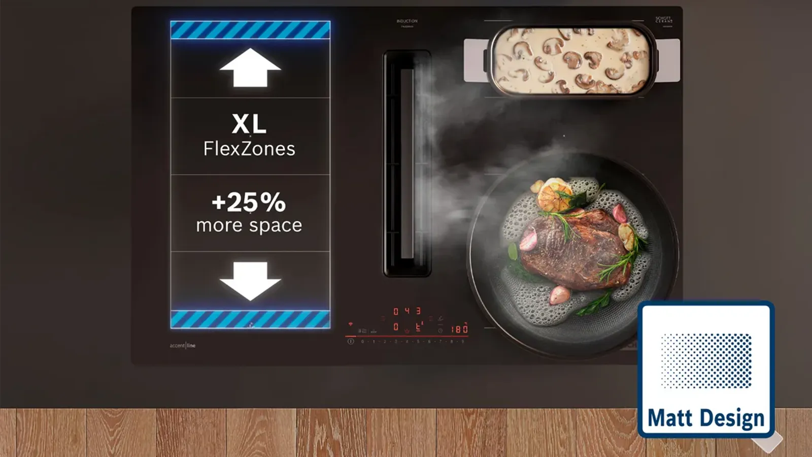 Induktionskochfeld mit integriertem Dunstabzug von oben, einer Pfanne und einem Bräter, eingeblendeter Grafik zu „XL FlexZones“ und einem „Matt Design“-Logo.