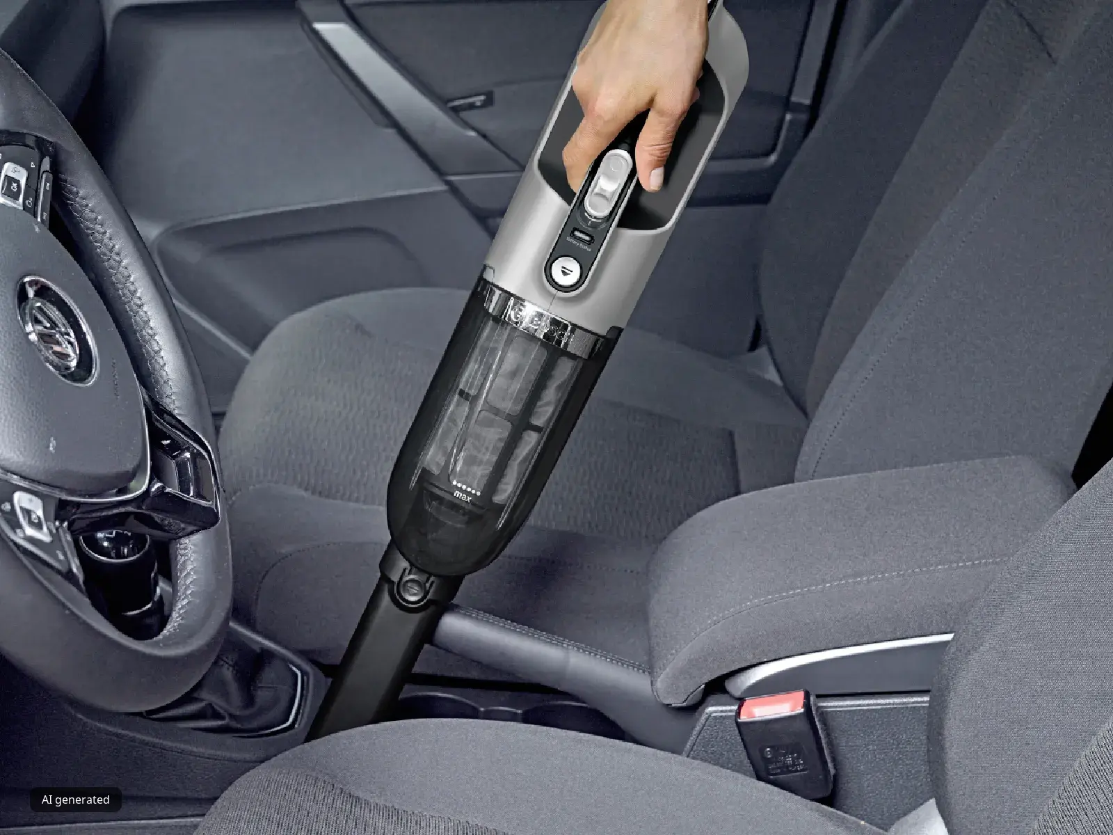 A person uses a Bosch handheld vacuum cleaner to easily clean the tight spaces between the seats and console inside a car.