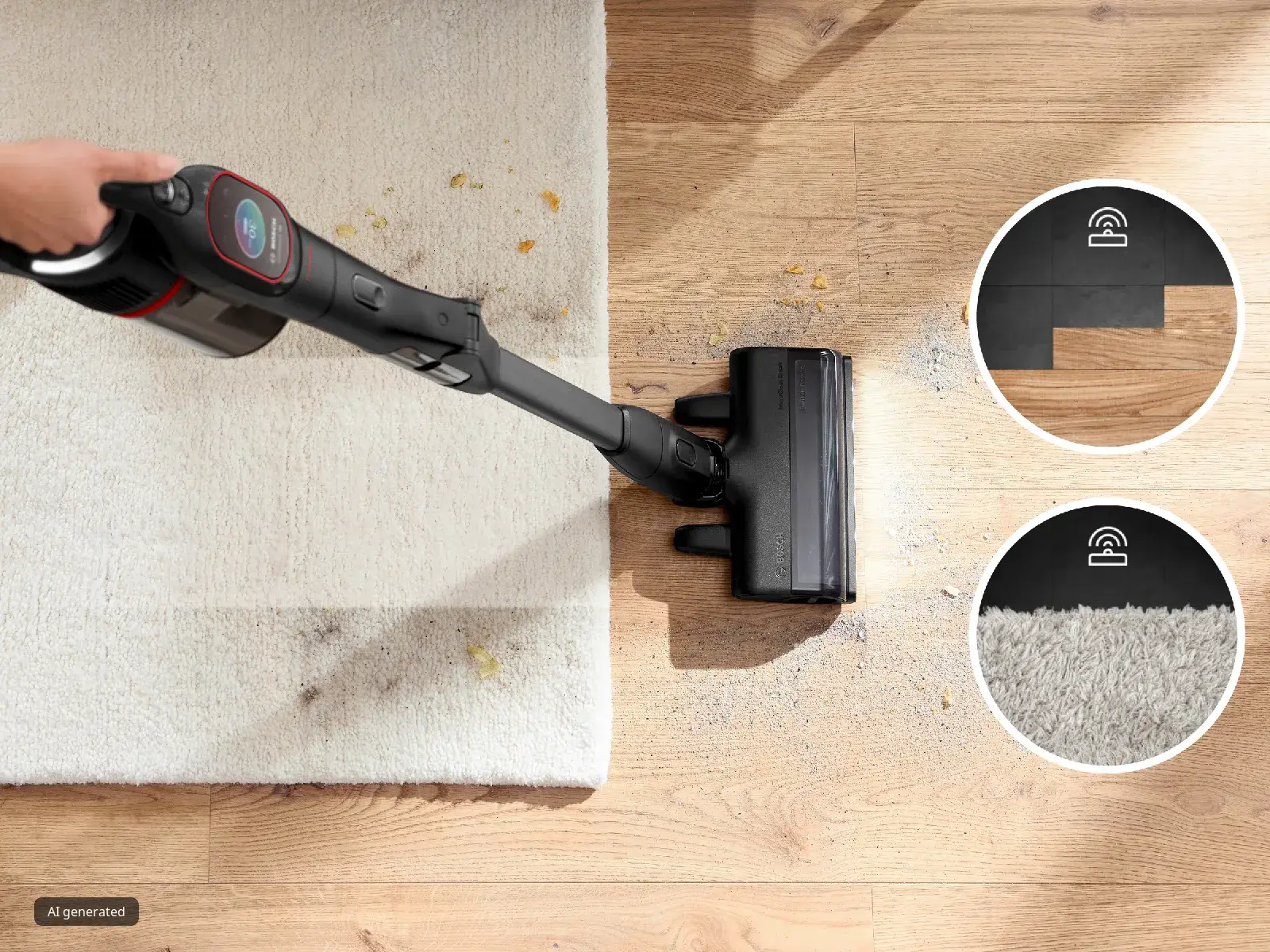 An overhead view of a Bosch cordless vacuum cleaning crumbs from both a rug and a hardwood floor, with icons showing its automatic floor detection technology.