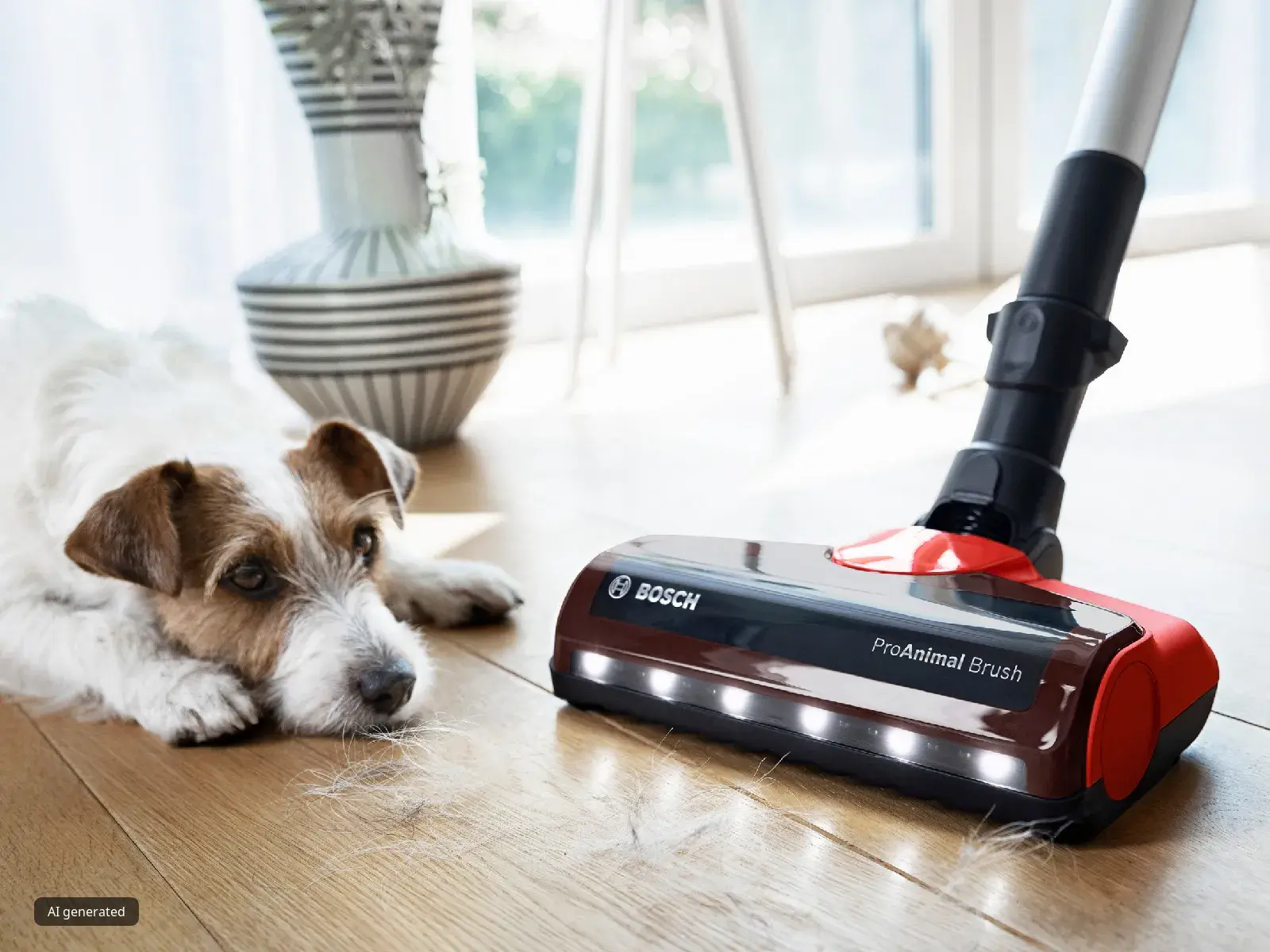 A close-up of a red Bosch ProAnimal Brush vacuum head with LED lights illuminating pet hair on a wooden floor, with a scruffy dog lying nearby.