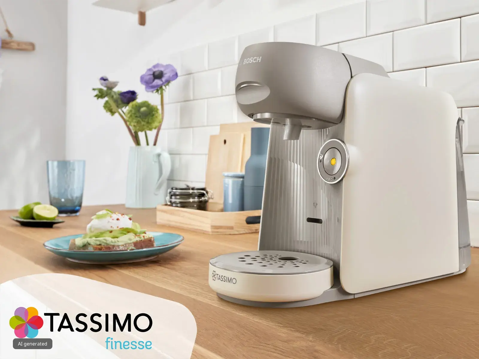 Eine Kapselmaschine von Tassimo in einer hellen Küche.