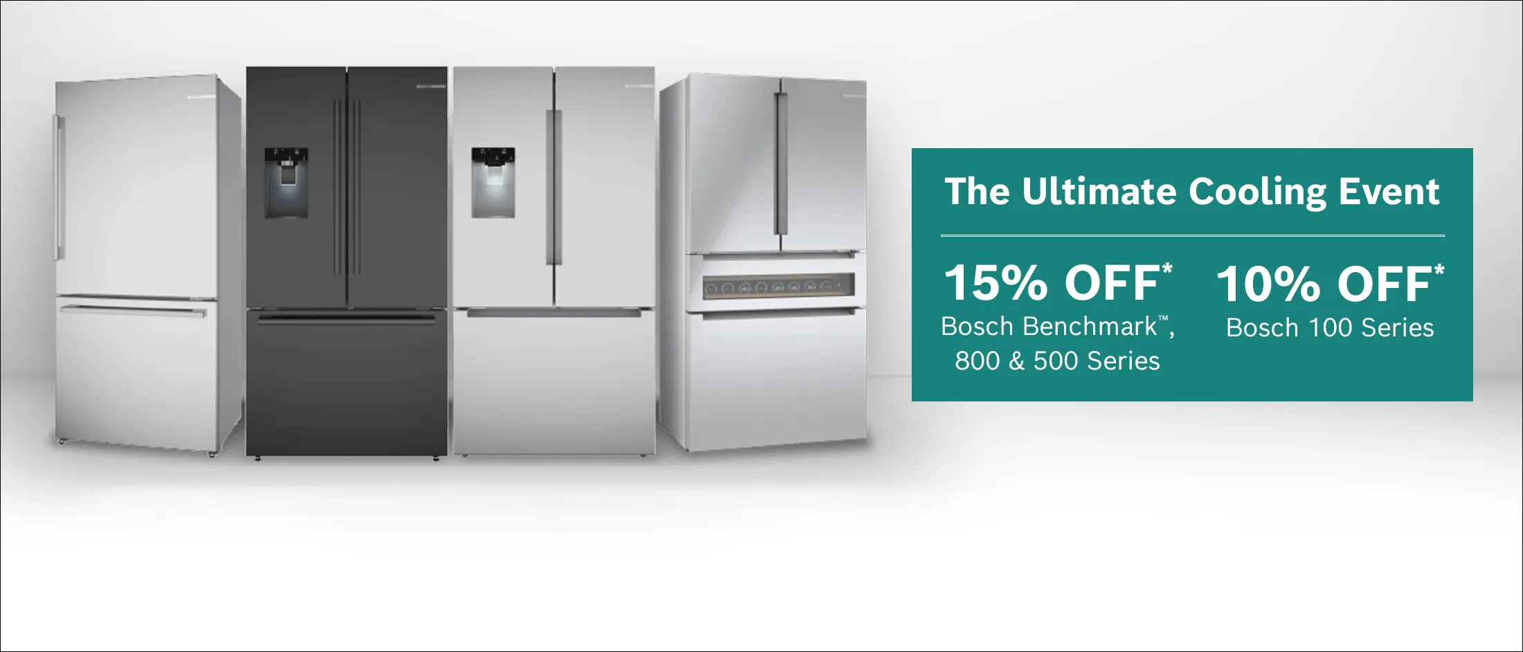Four modern refrigerators in silver, black, and stainless steel finishes, featuring bottom freezers and water dispensers.