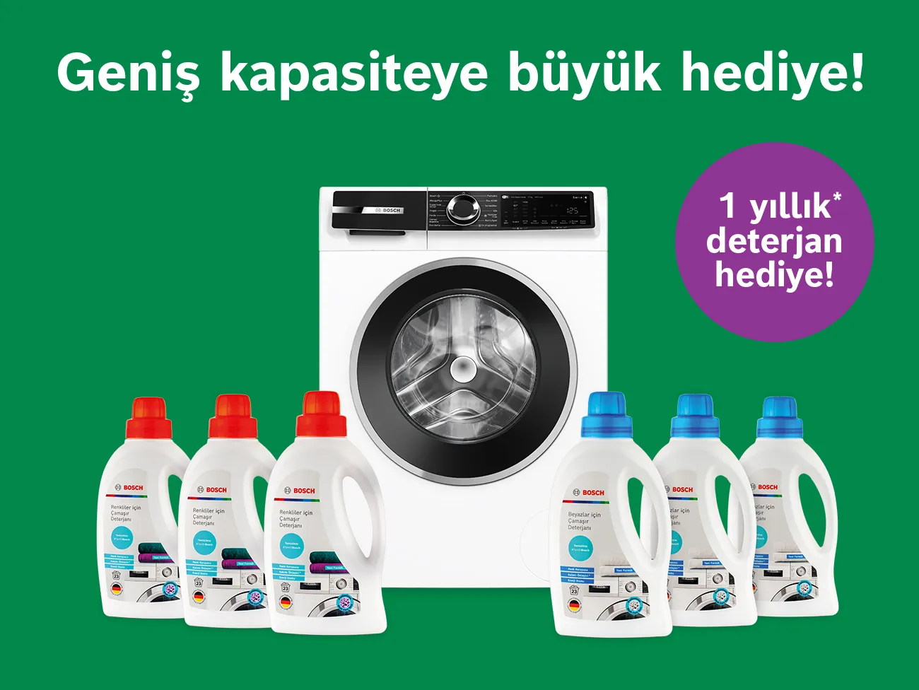 Yeşil arka planda beyaz çamaşır makinesi ve çevresinde altı deterjan şişesi ile "Geniş kapasiteye büyük hediye! 1 yıllık deterjan hediye!" yazılı reklam görseli.