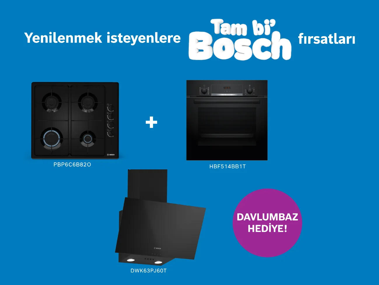 Mavi fonda ankastre ocak ve fırın üstte artı işaretiyle, altında davlumbaz, sol alt köşede mor daire içinde "9.000 TL indirim!" ve sağda "Tam bi Bosch" kampanya yazısı.