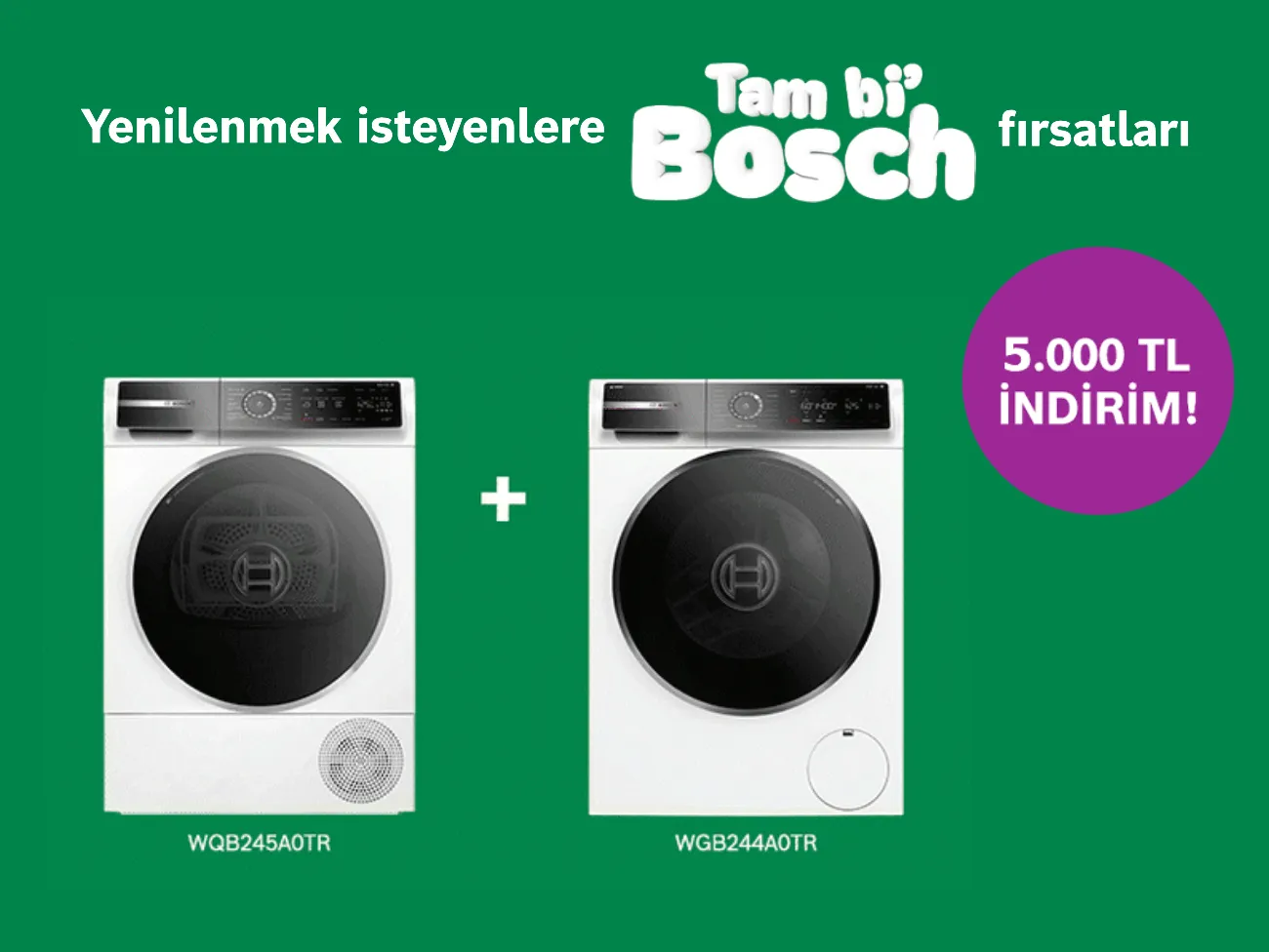 Yeşil fonda iki beyaz çamaşır makinesi, solda mor dairede "10.000 TL indirim!" yazısı.