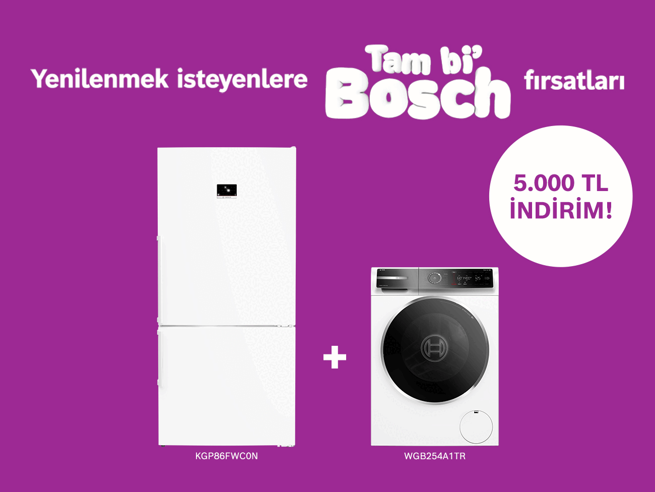 Mor fonda buzdolabı ve çamaşır makinesi, sağda "5.000 TL indirim!" yazısı.