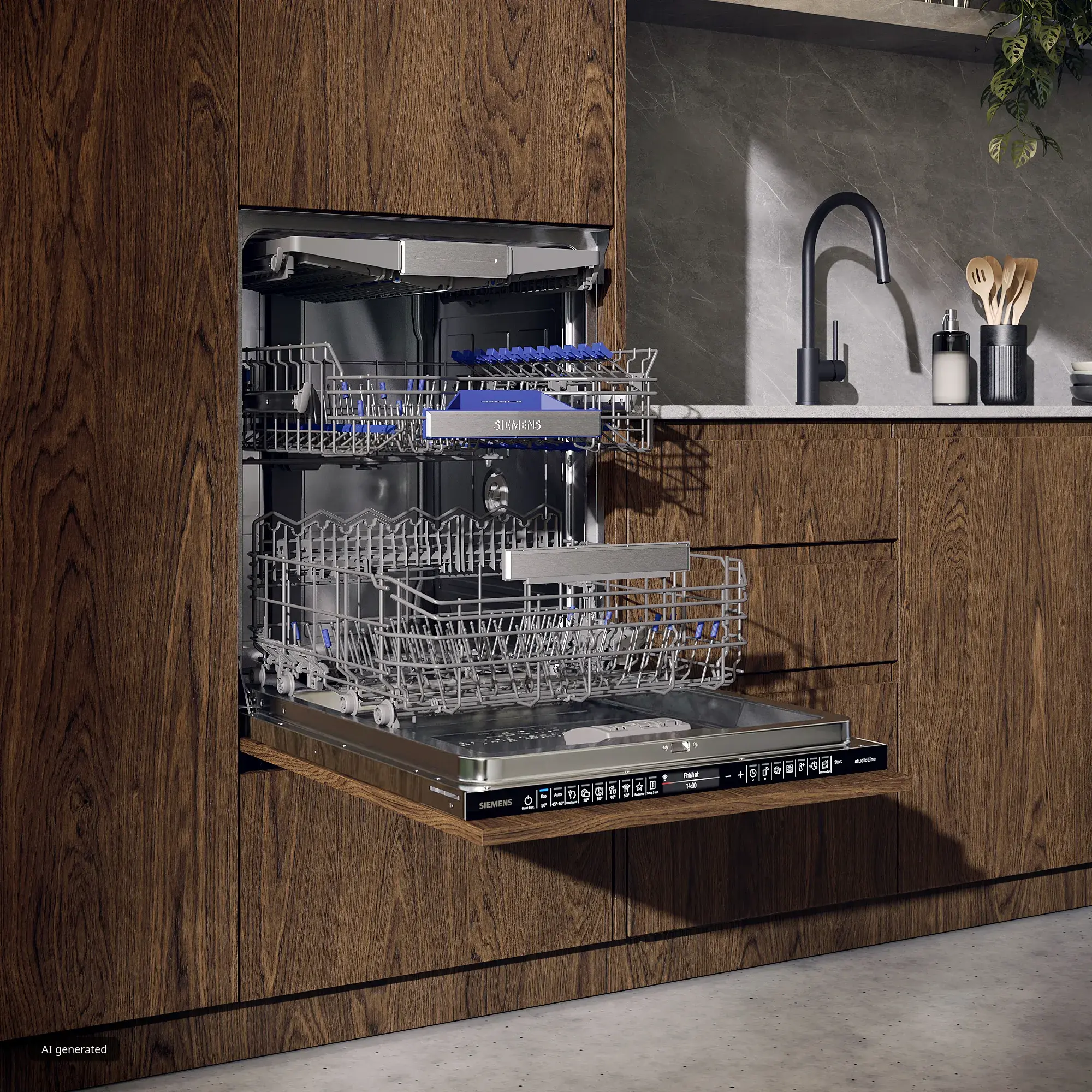 Integrated dishwasher in a bank of units open to show space for dishes