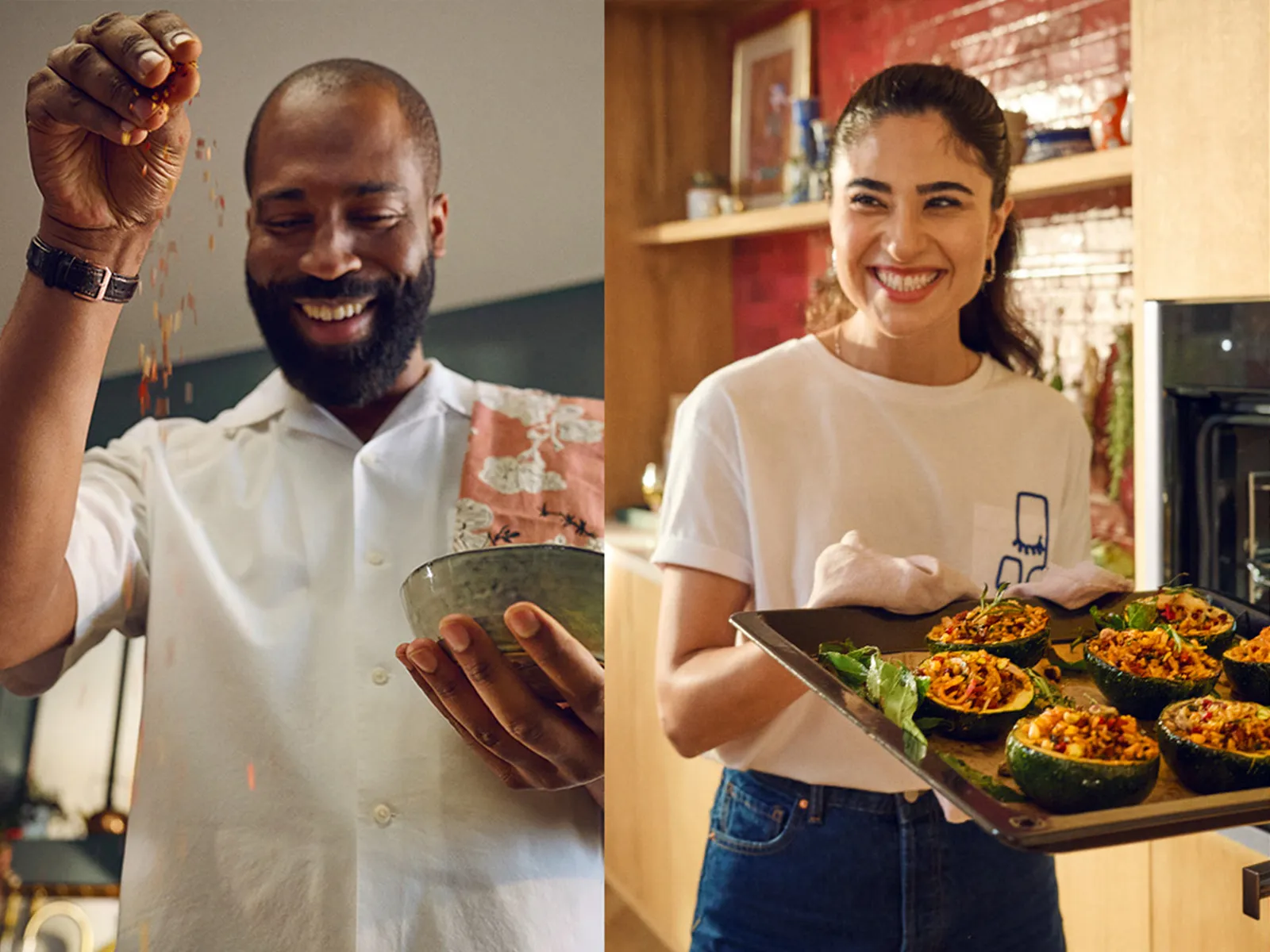 Three people happily cooking: a man seasoning food, a woman holding a tray of stuffed peppers, and another man sautéing vegetables.