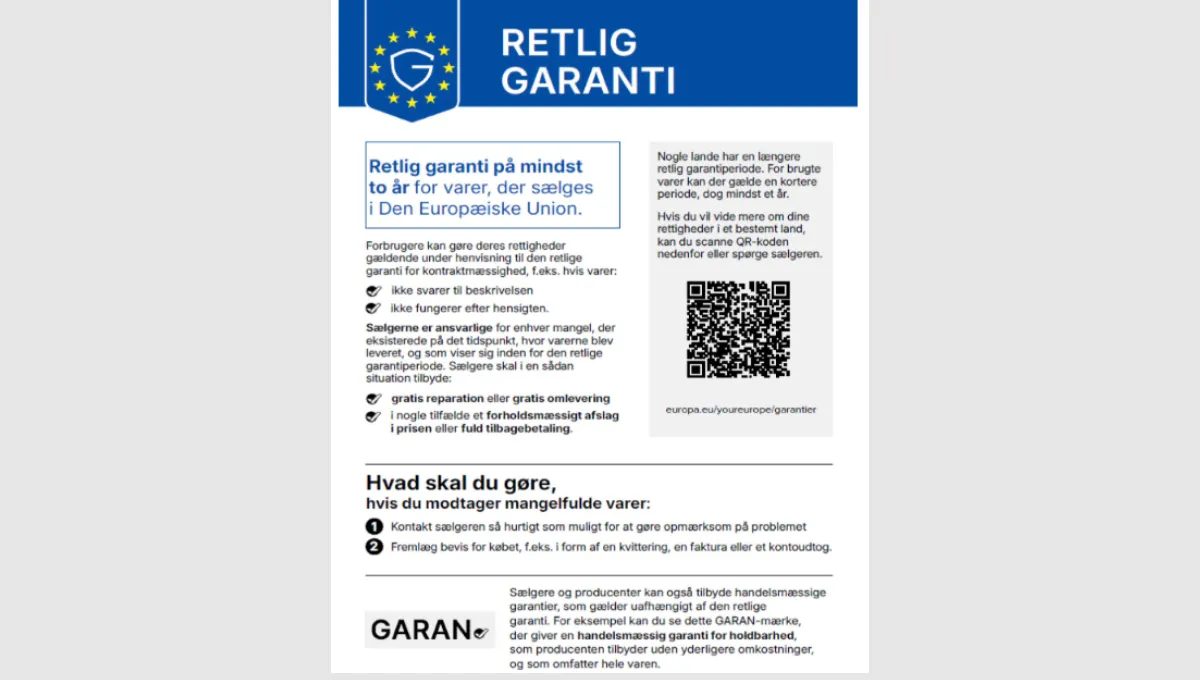 Produktmærkat, der informerer om to års lovbestemt reklamationsret for EU solgte varer og har en QR kode.