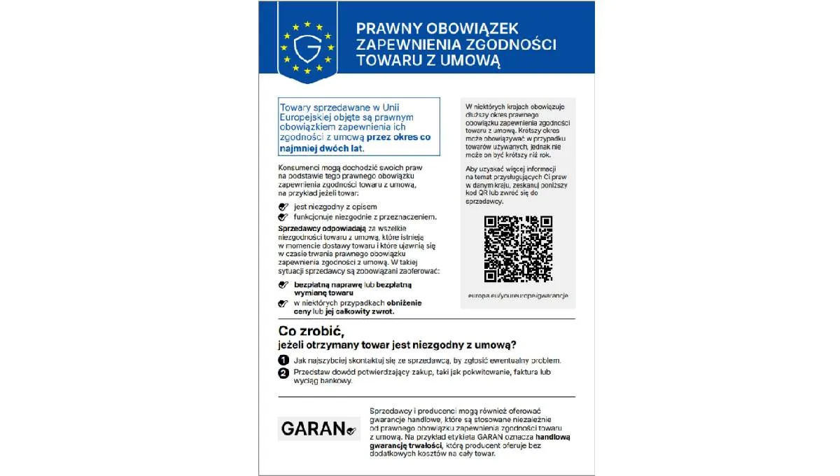 Etykieta wyszczególniająca dwuletnią gwarancję prawną na towary sprzedawane w Unii Europejskiej z kodem QR.