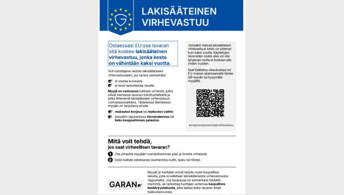 Merkintä, jossa on tiedot Euroopan unionissa myytävien tavaroiden kahden vuoden laillisesta takuusta ja QR-koodi.