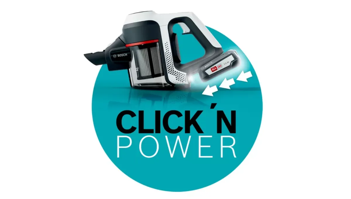 Unealta fără fir Bosch cu sistem de baterii "Click 'n Power", care prezintă atașarea ușoară a bateriei