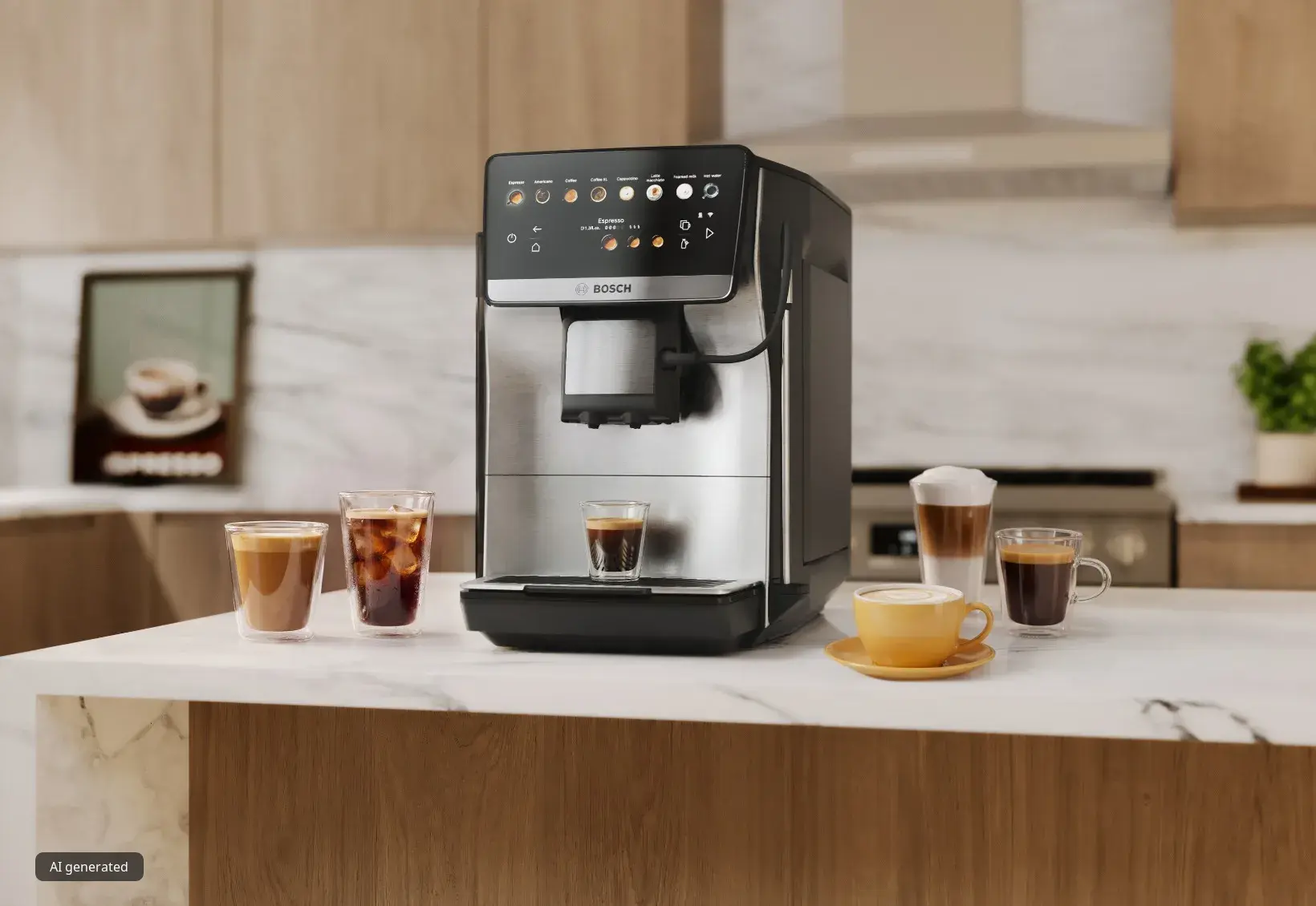 Eine Espressomaschine auf der Arbeitsplatte, umgeben von verschiedenen Kaffeegetränken, Milch und Kaffeebohnen in einer hellen, modernen Küche.